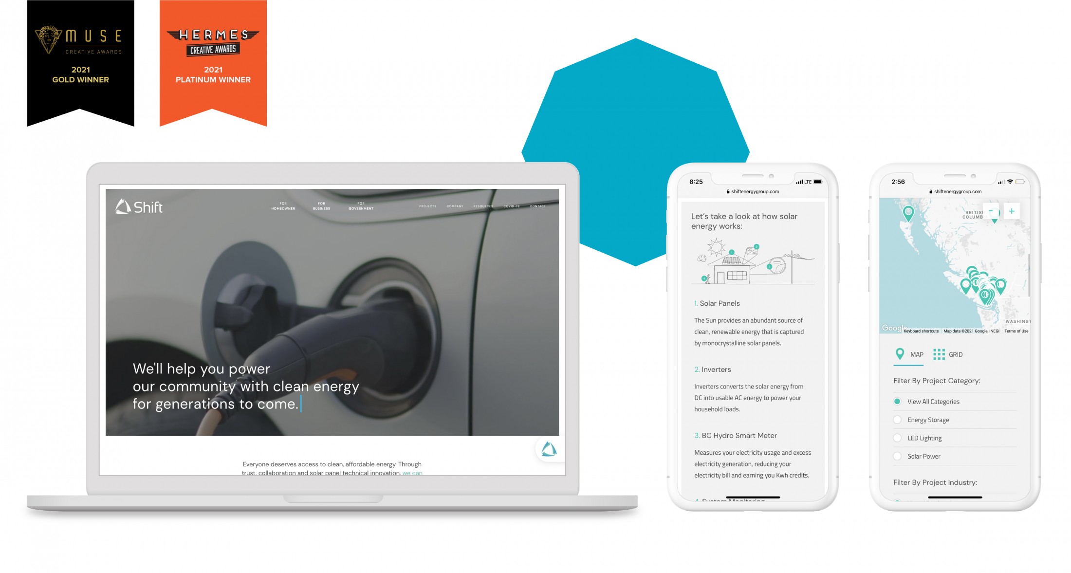 Mockups of Shift's website on laptop and mobile devices. Winner or Muse Creative Awards and Hermes Creative Awards.