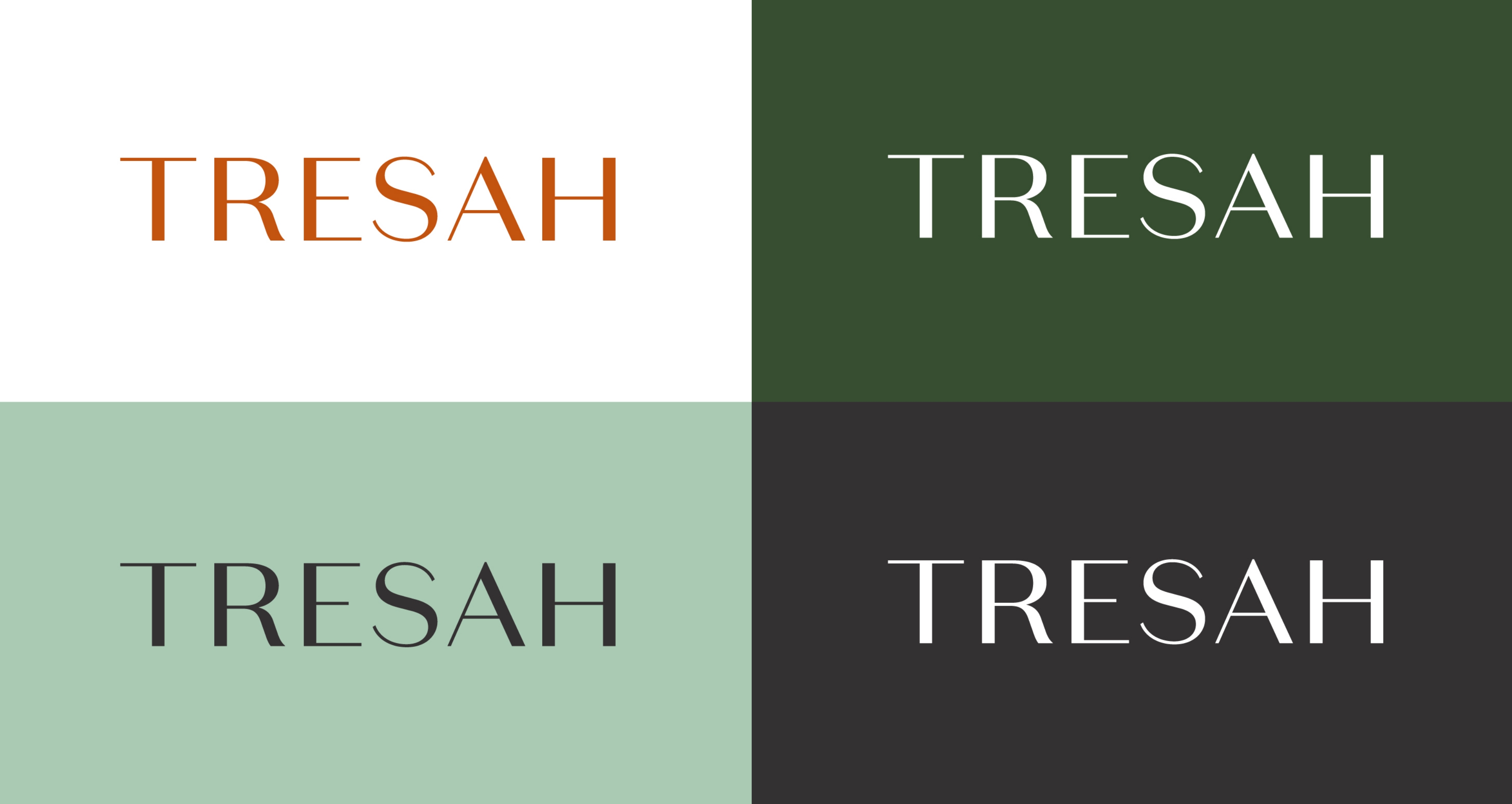 Collage of Tresah logo on 4 different backgrounds: white, dark green, light green, dark grey.