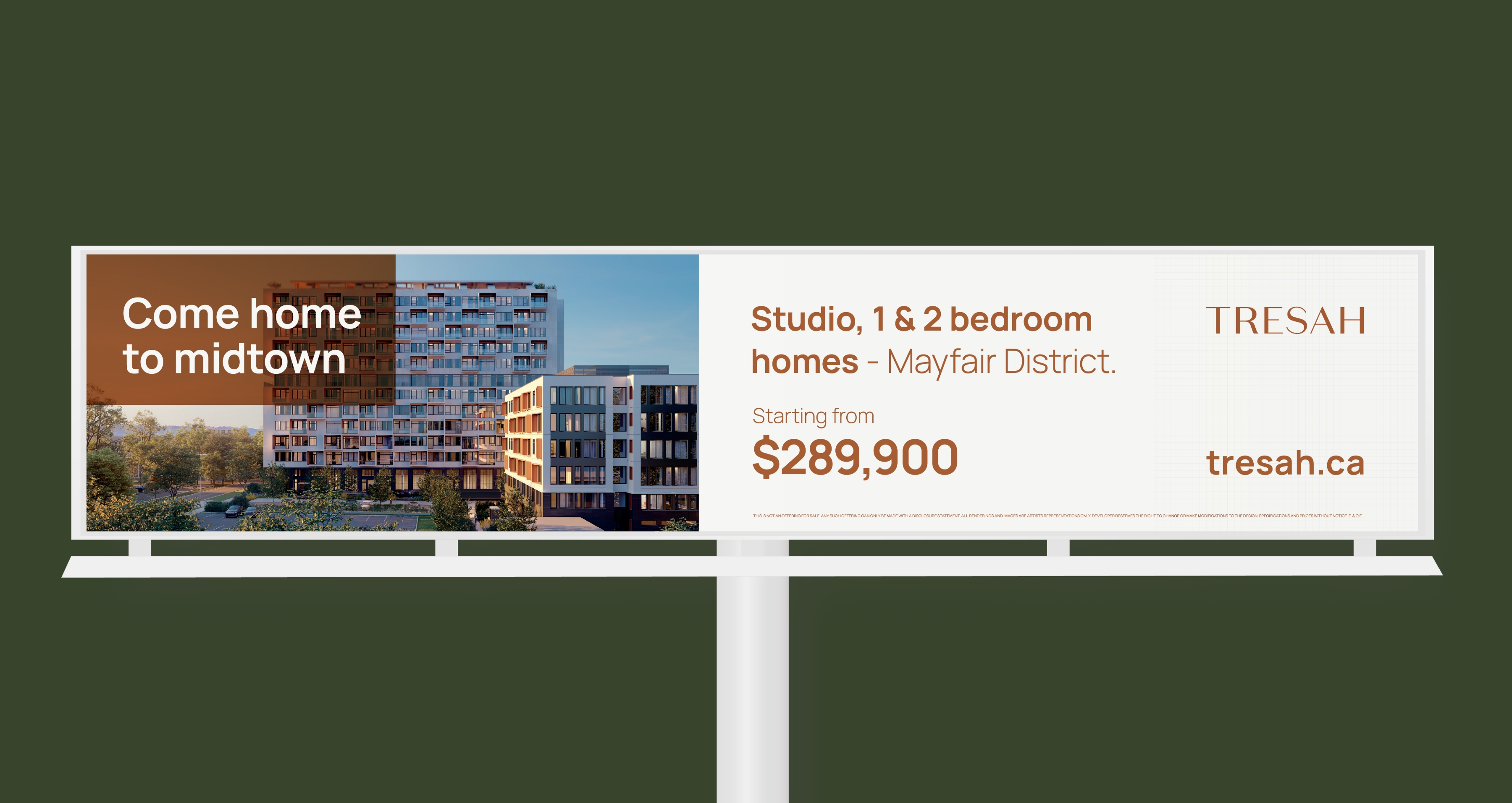 Rendering of large outdoor billboard displaying the exterior of a Tresah condo with the Tresah logo prominently featured.