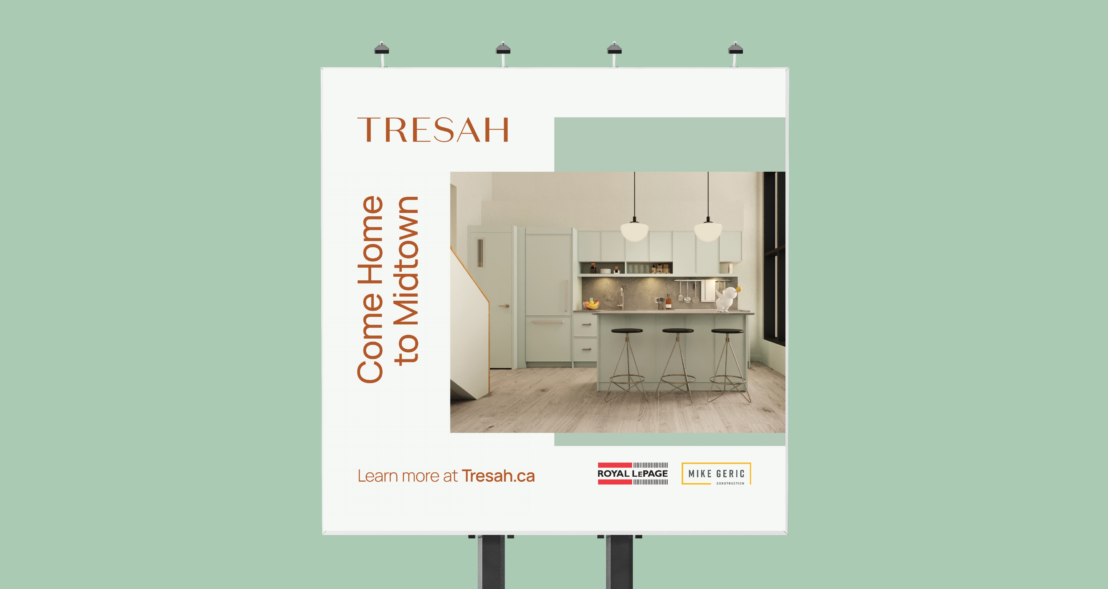 Rendering of large outdoor billboard displaying the interior of a Tresah condo with the Tresah logo prominently featured.
