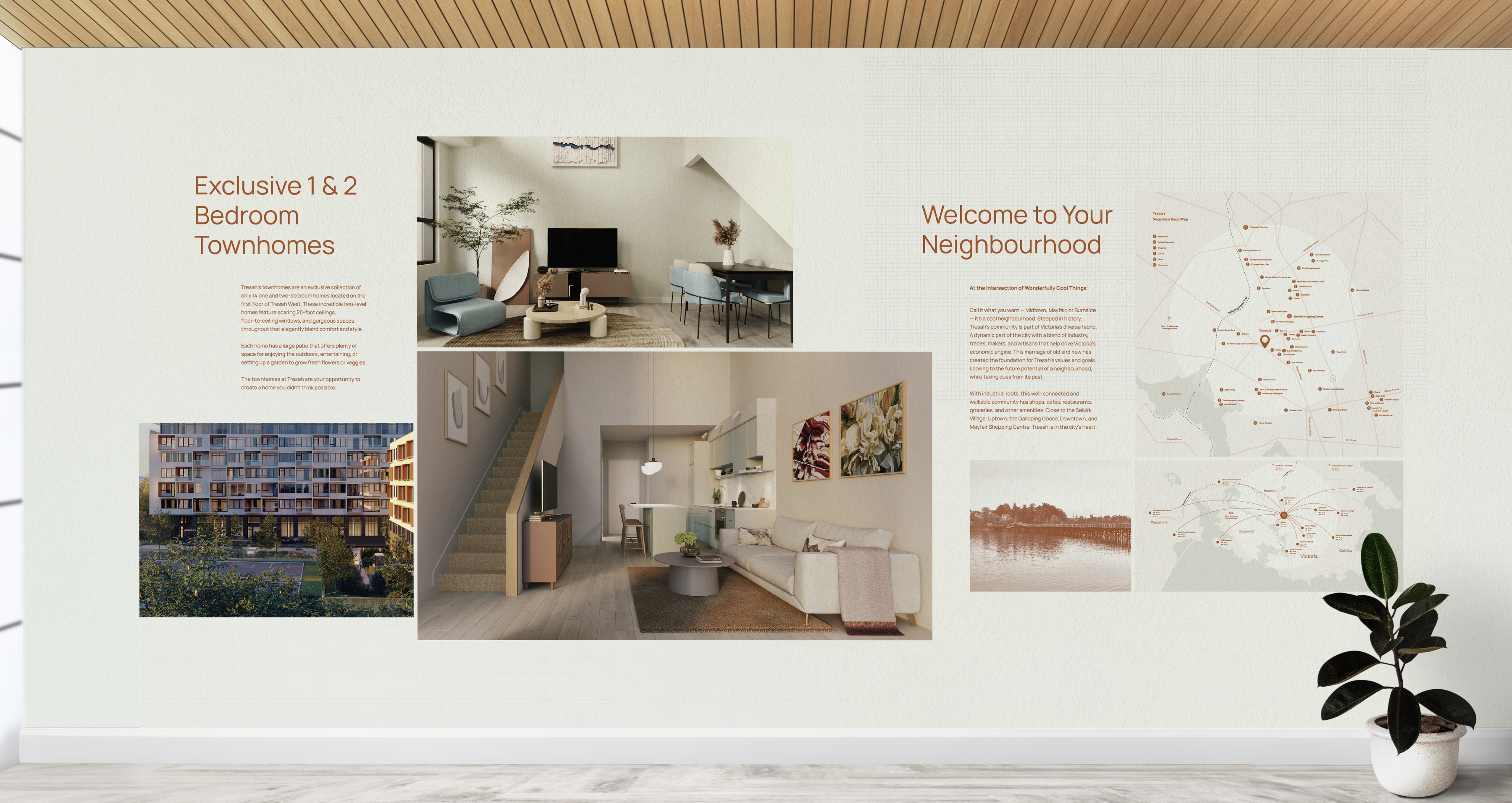 Rendering of a presentation wall with images of the exterior and interior of Tresah buildings as well as neighbourhood maps.