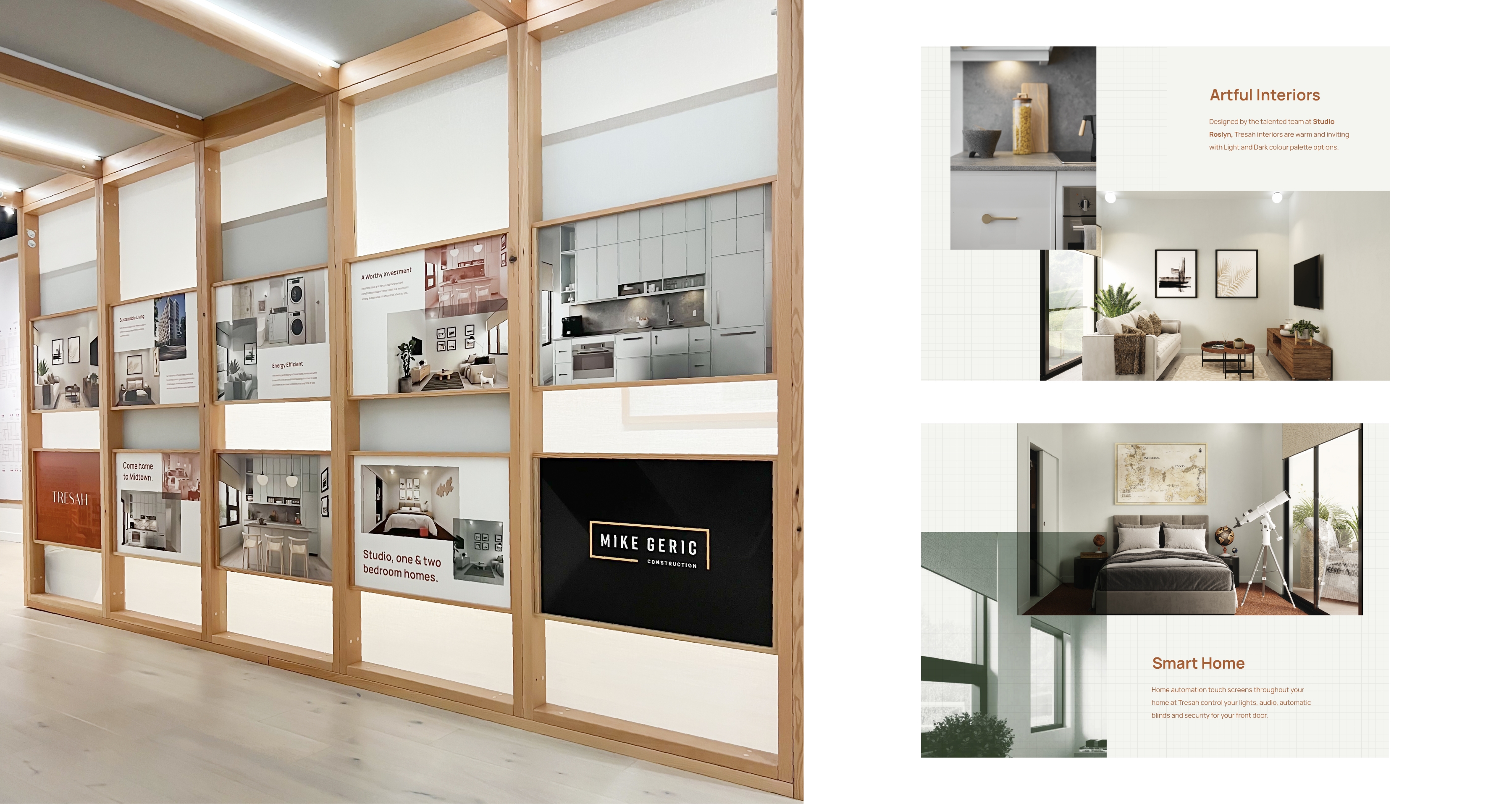 Interior window display featuring rectangles with images of the interior and exterior of Tresah buildings and benefits of living in a Tresah development.
