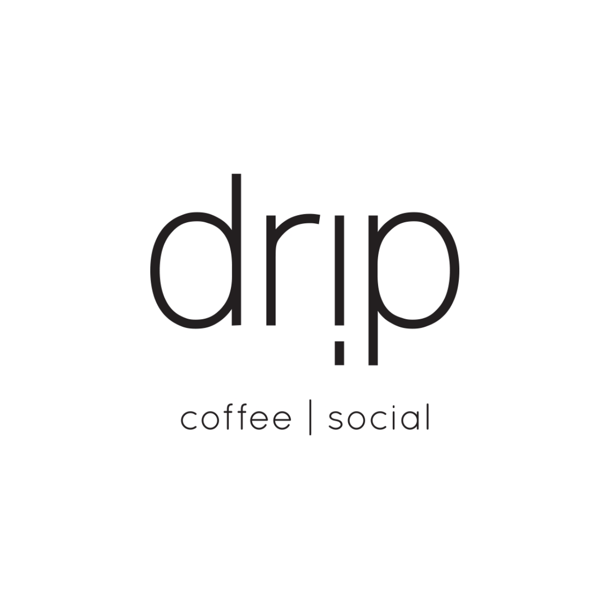 Logo Design for Drip Coffee. Minimalist logo for drip with lowercase text in black and the tagline 'coffee | social' written below."