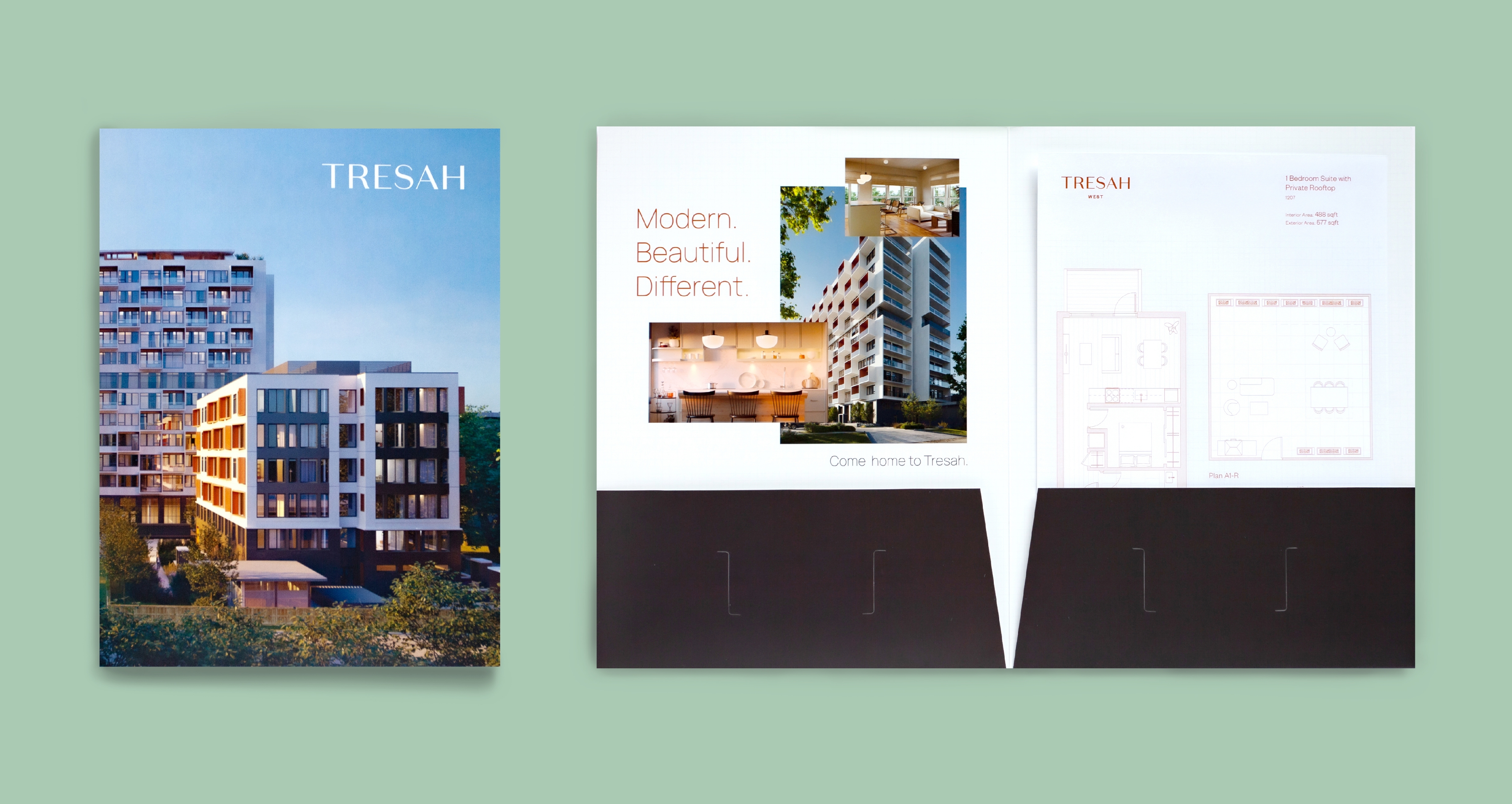Branded Tresah folders. On the left is the cover of the folder showcasing the exterior of a Tresah development with the Tresah logo on the upper righthand corner. On the right is the inside of the folder with branded marketing collateral.
