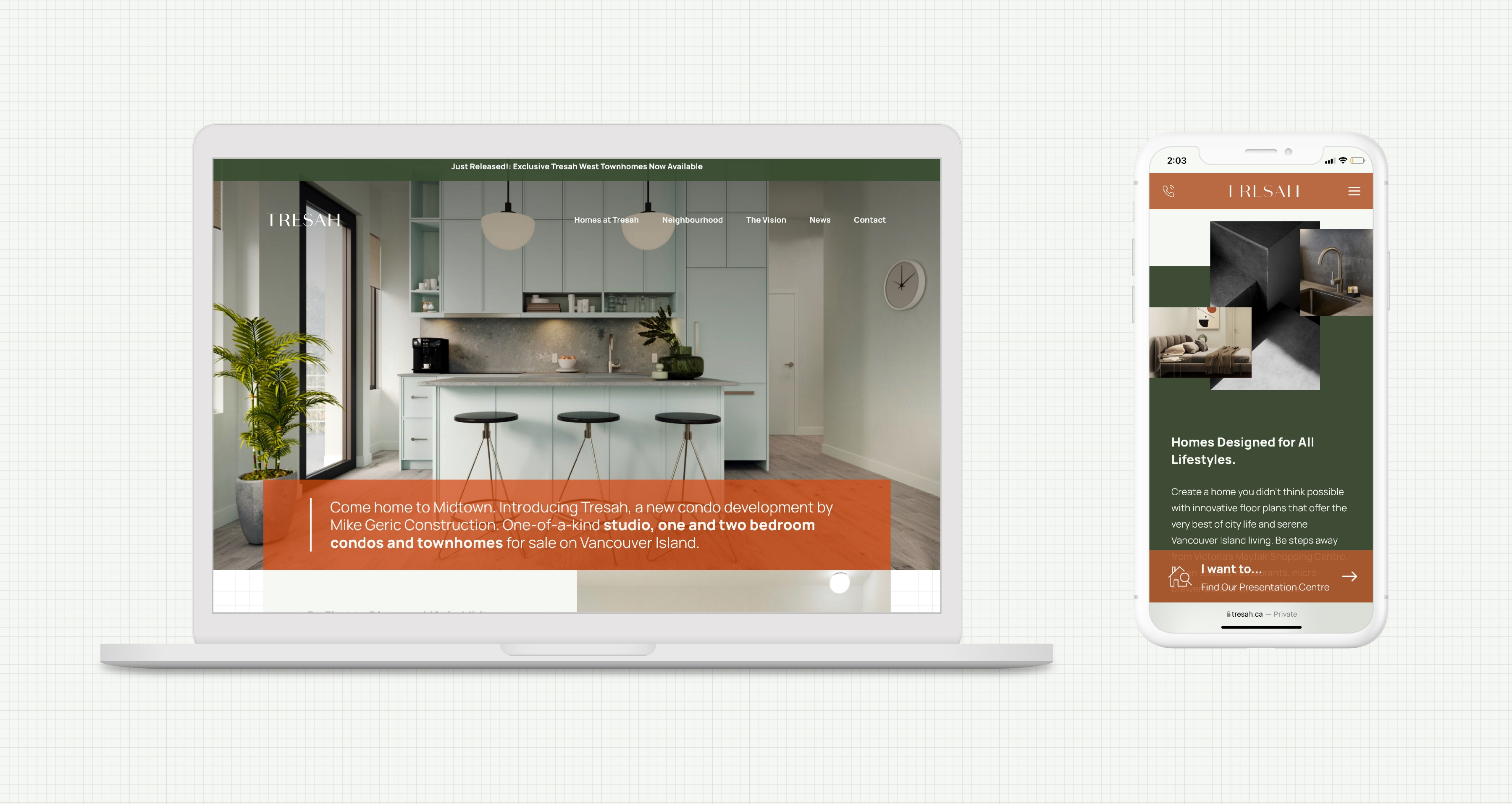 On the left is a mockup of Tresah's website homepage on a laptop showcasing a sleek and modern design . On the right is a mockup showcasing the responsive website design on a mobile phone.