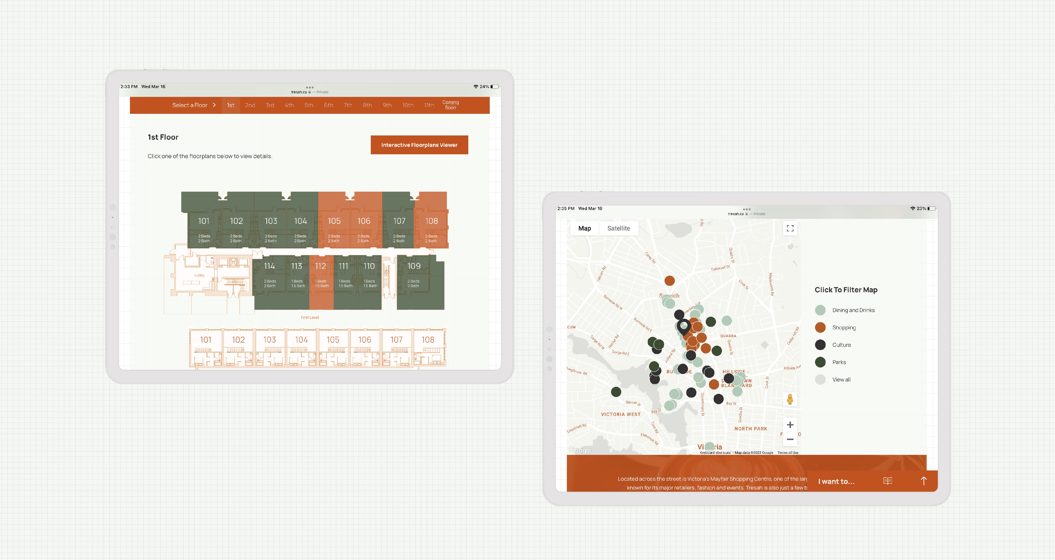2 tablets showcasing mockups of the responsive design on Tresah's website. On the left display is an interactive floor plan and on the right is an interactive map.