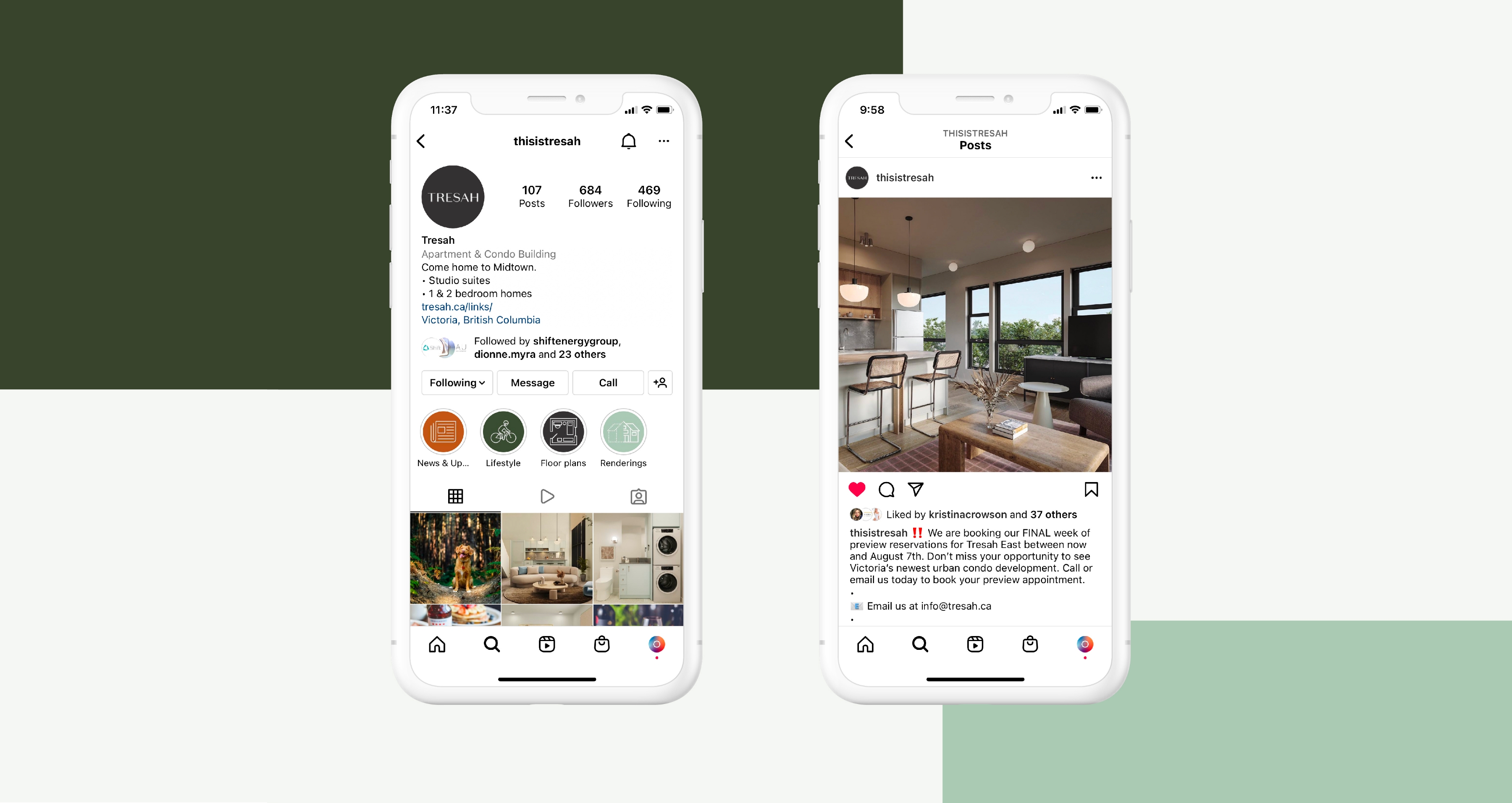 2 smartphones featuring Tresah's Instagram page to showcase social media marketing strategy.
