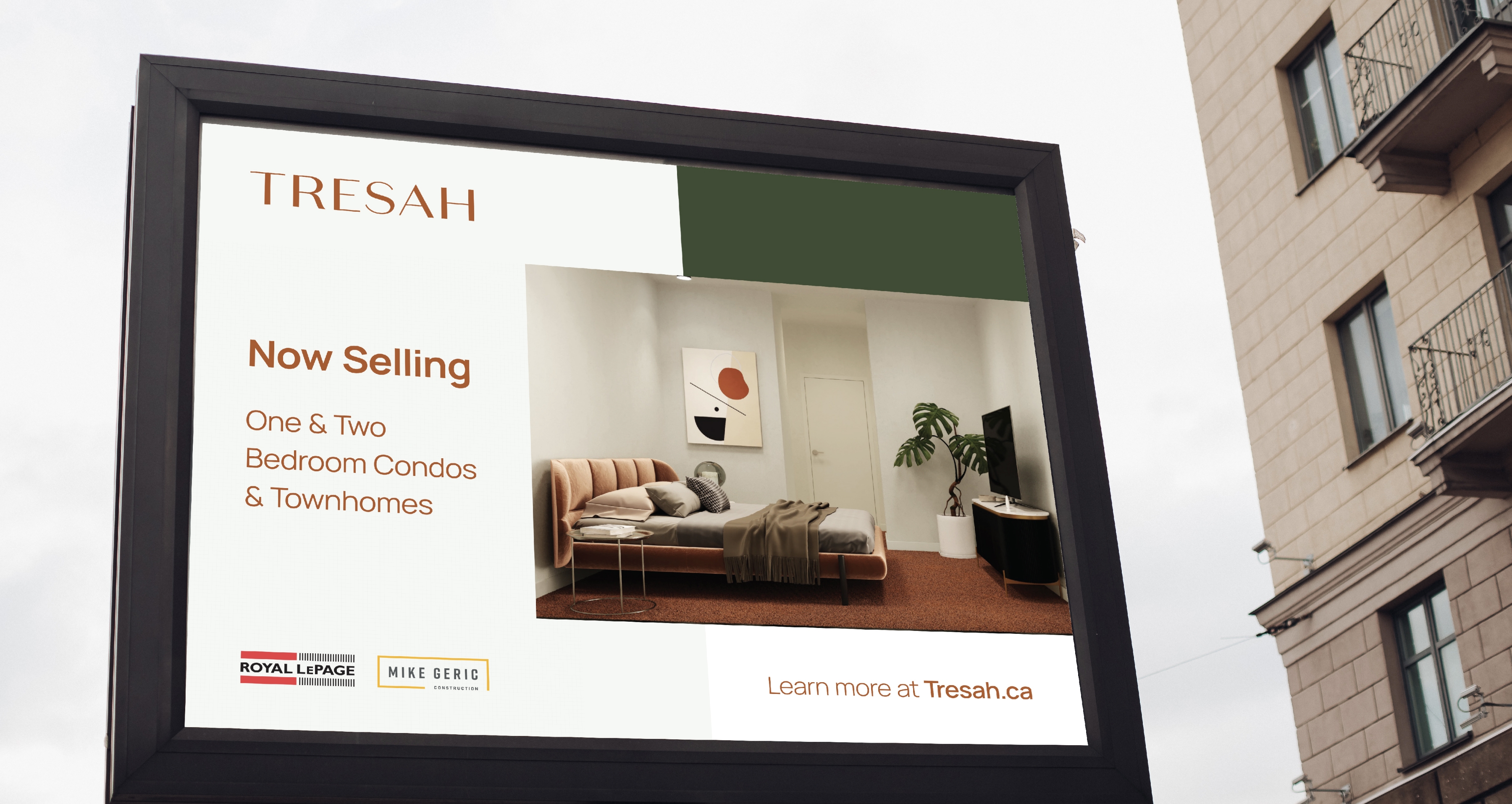 Rendering of large outdoor billboard displaying the interior of a Tresah condo with the Tresah logo prominently featured, inviting passersby to explore modern urban living.