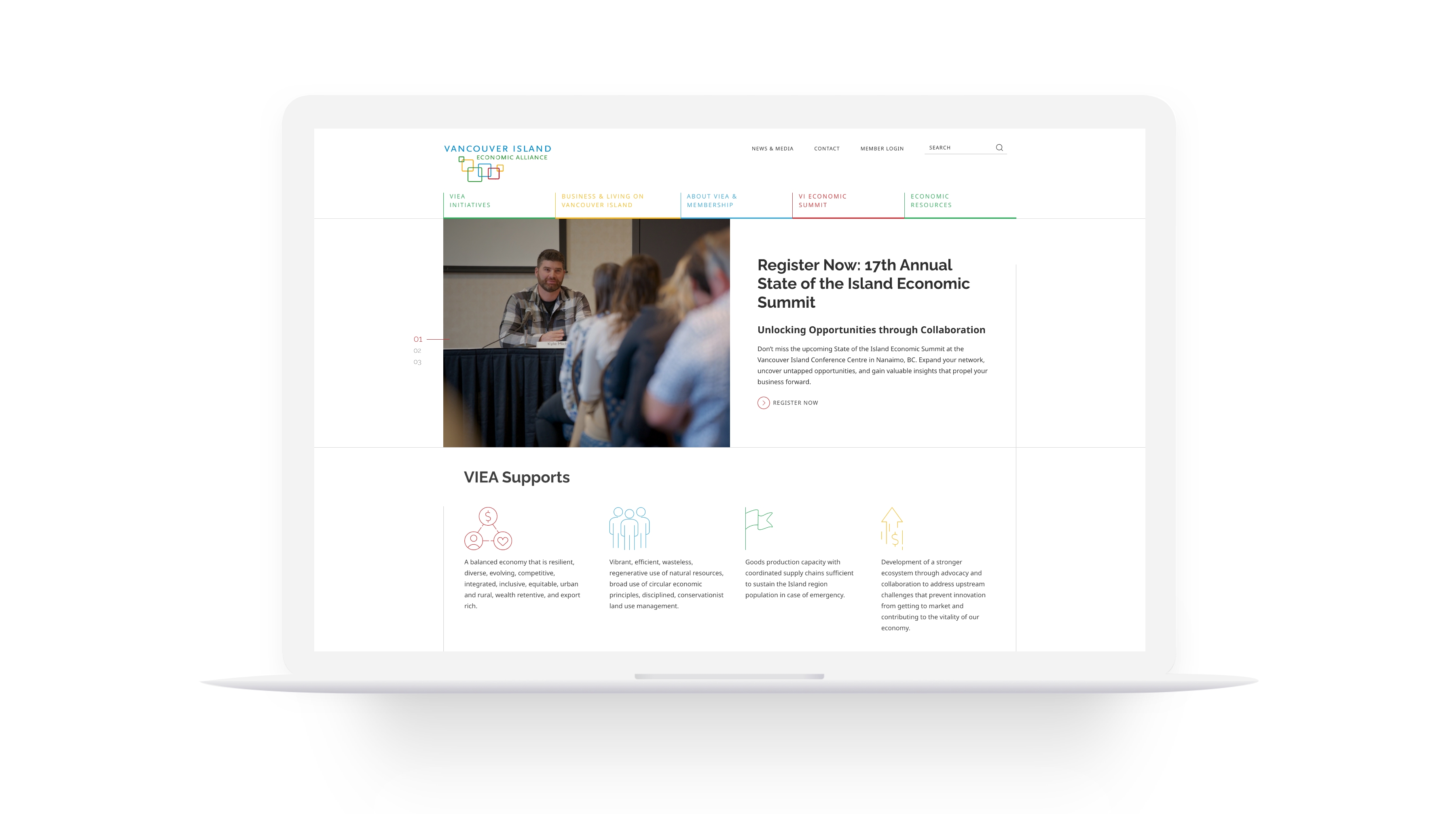 Mockup of Vancouver Island Economic Alliance (VIEA)'s website homepage on a laptop.