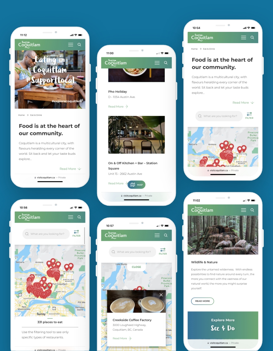 Five mobile phone screens showing various sections of the Tourism Coquitlam website. Screens include listings of local restaurants, a map of dining spots in Coquitlam, and features like "Food is at the heart of our community" and "Wildlife & Nature," highlighting food options and natural attractions.