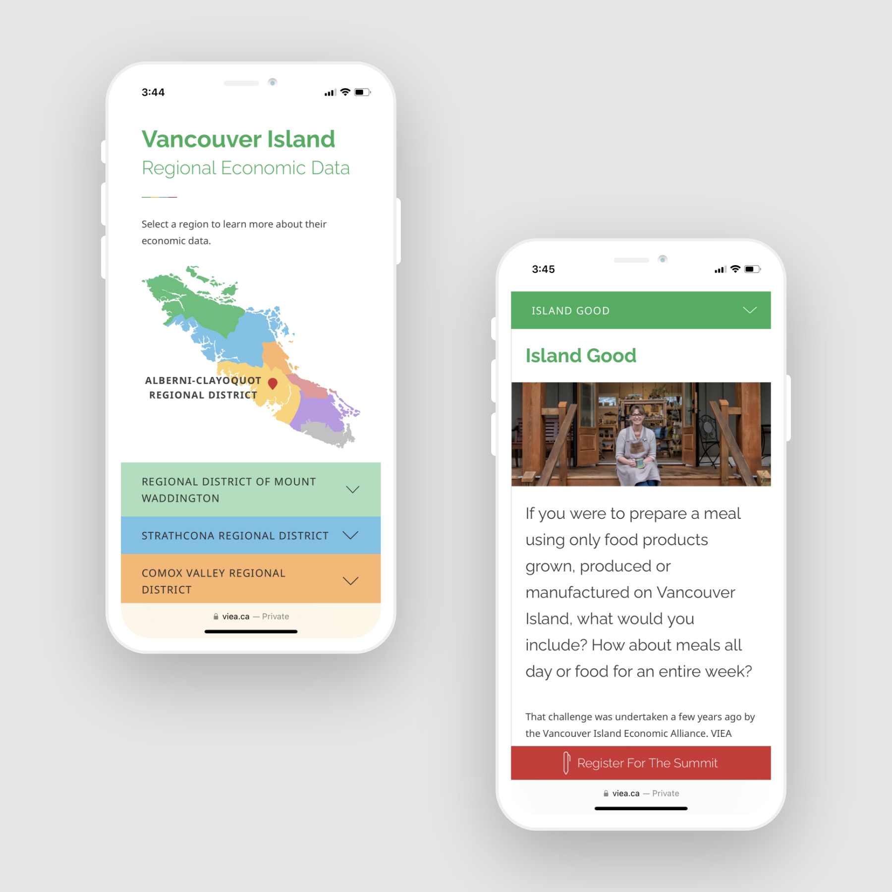 Responsive mobile design for Vancouver Island Economic Alliance (VIEA) on two smartphones. The left display showcases an interactive map, while the right display is showing program information.