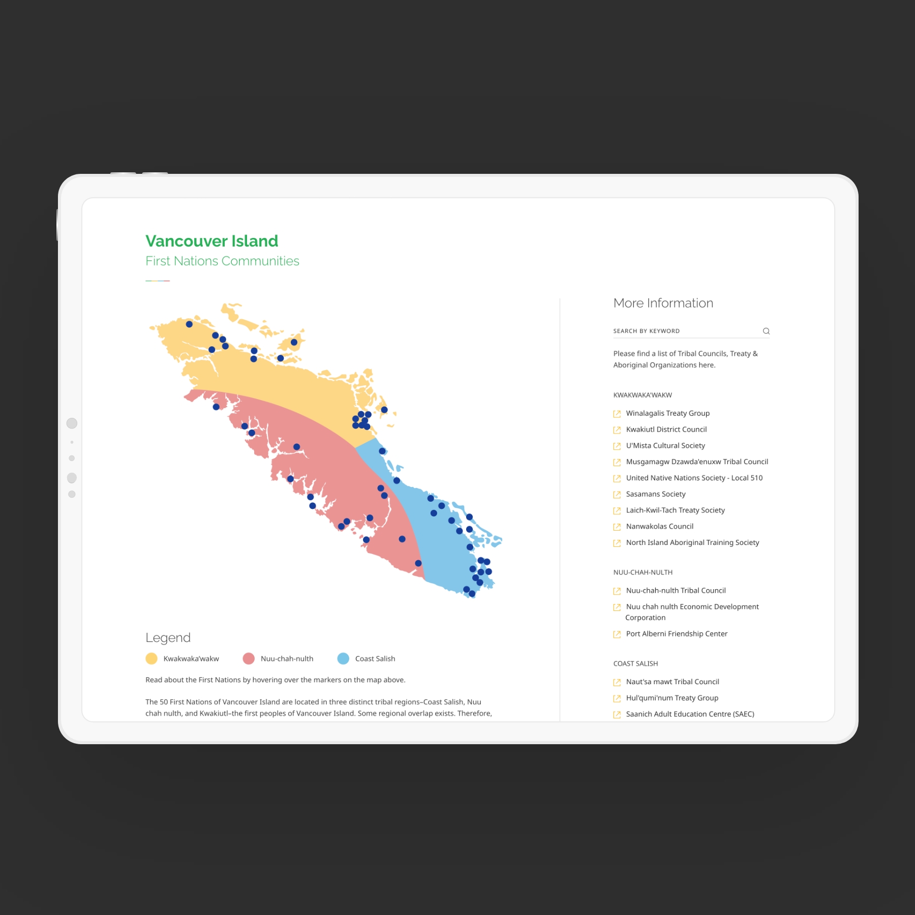 A mockup displaying the responsive design for Vancouver Island Economic Alliance (VIEA)'s website on a tablet. The display is showcasing an interactive map.