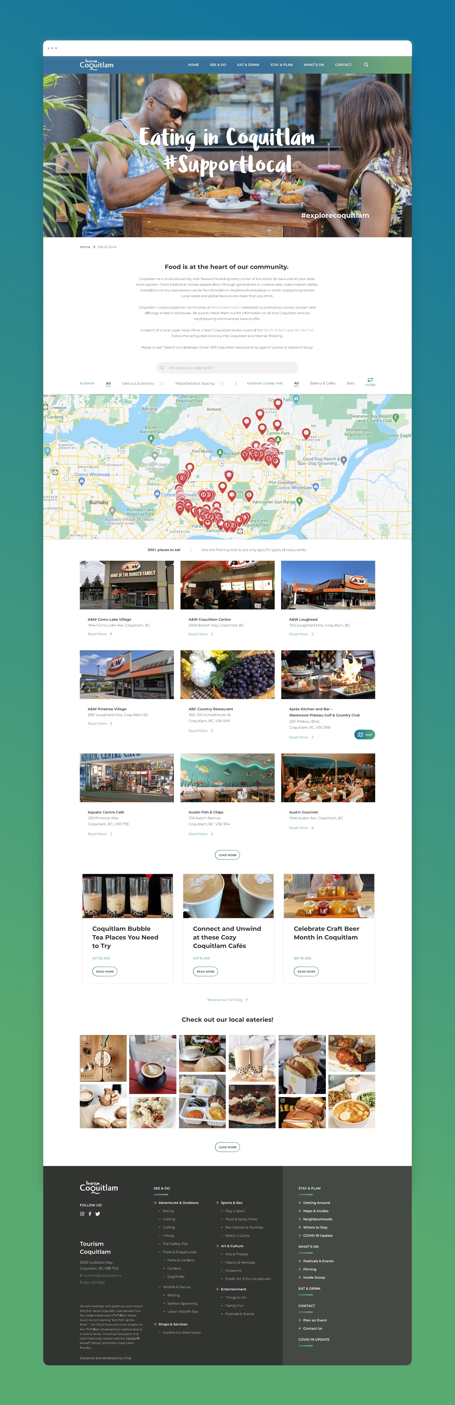 A full-page view of the "Eating in Coquitlam" section of the Tourism Coquitlam website. The page features an image of two people dining outdoors with the text "Eating in Coquitlam #SupportLocal." Below is an interactive map with pins highlighting various local restaurants and listings of popular eateries, followed by featured blog articles on local food and drink spots.