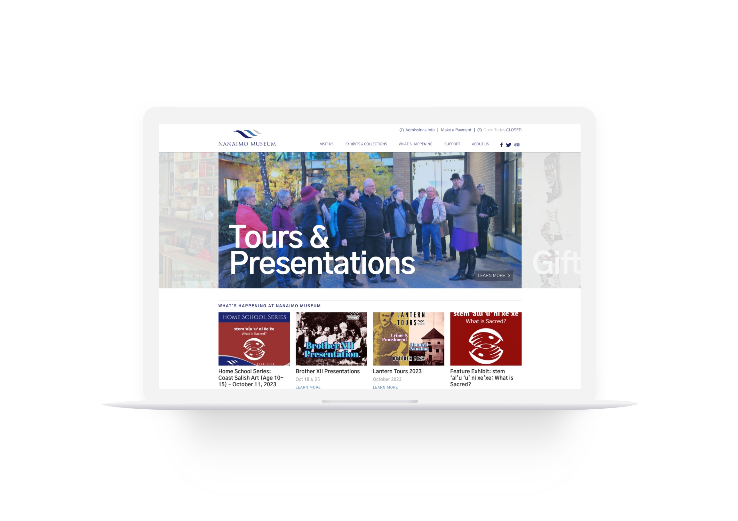 A desktop view of the Nanaimo Museum website homepage, highlighting various events and exhibitions. The focus is on "Tours & Presentations," featuring a group of people outdoors and event banners below, such as "Home School Series" and "Brother XII Presentations."