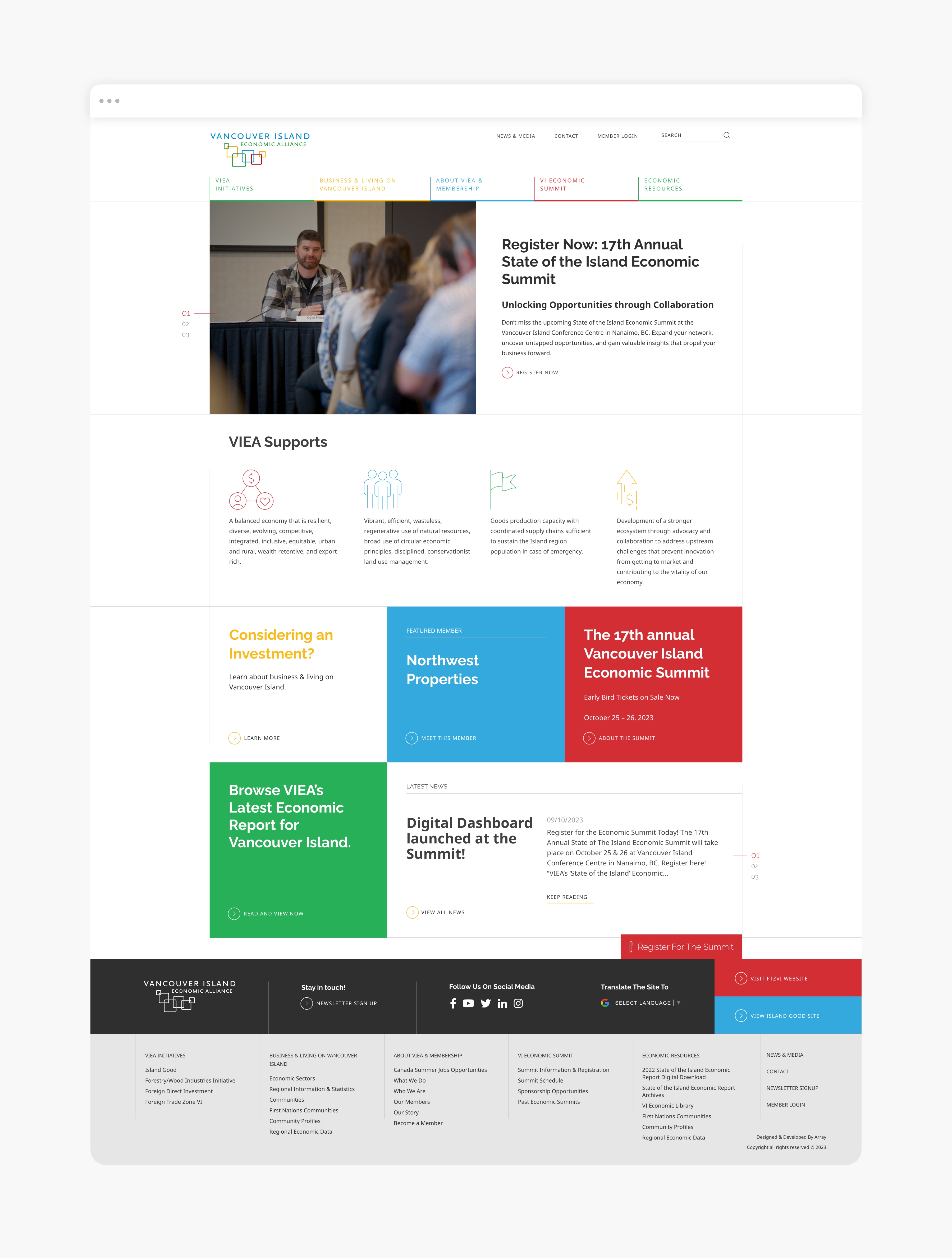 Vancouver Island Economic Alliance (VIEA)'s website homepage designed and developed by Array.