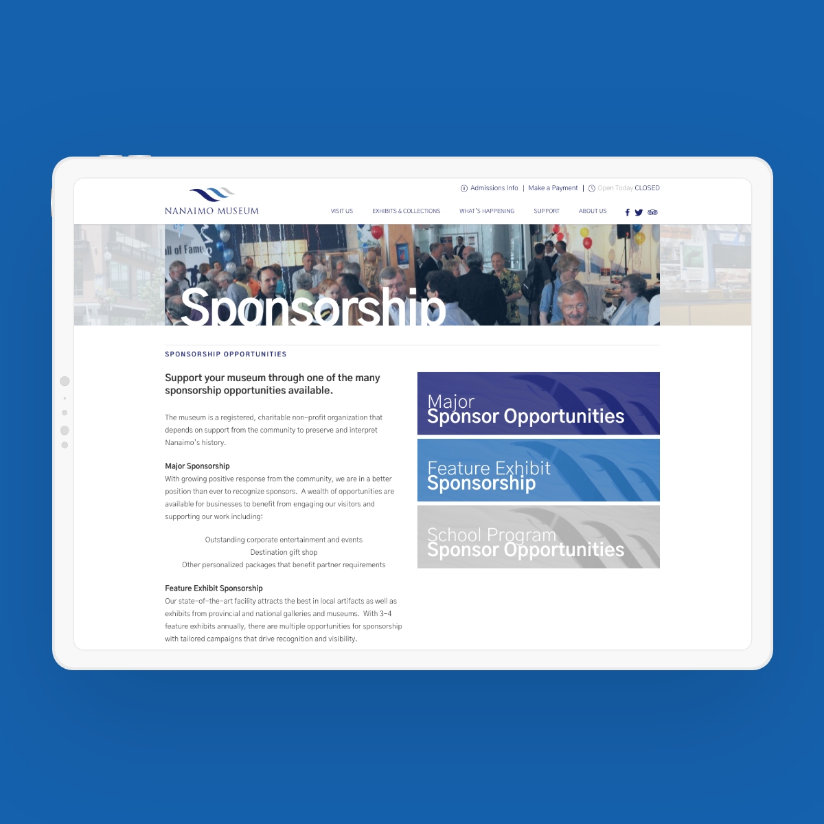 A tablet mockup showcasing the responsive design of the Nanaimo Museum website. The display is showing the site's Sponsorship page with a banner at the top of the page and information about different sponsorship opportunities.