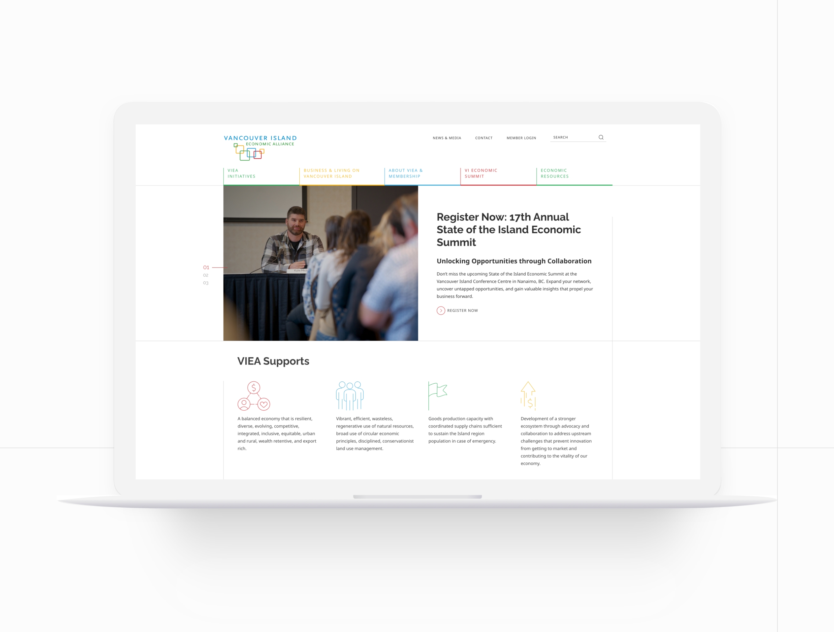 Mockup of Vancouver Island Economic Alliance (VIEA)'s website homepage on a laptop.
