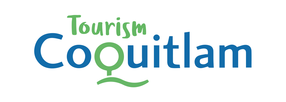 The logo for Tourism Coquitlam, featuring the word "Tourism" in a green, playful script font and "Coquitlam" in a bold, blue font. A wavy line under the letter "Q" represents the natural and water-based attractions of the area.