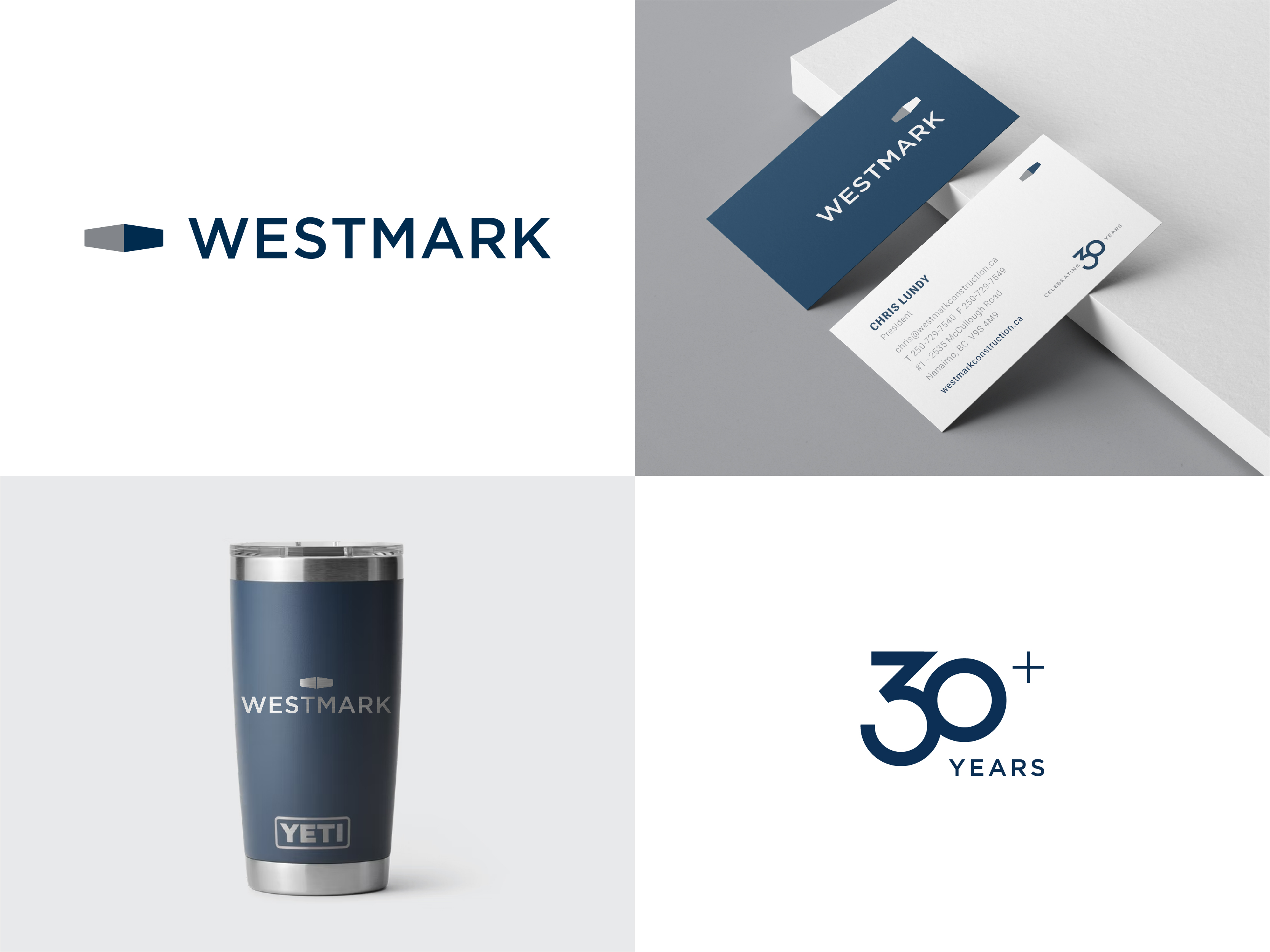 Westmark branding by Array. The top left shows the Westmark logo, and the top right displays two business cards in navy and white with contact information. The bottom left shows a navy blue YETI tumbler with the Westmark logo, while the bottom right presents a "30+ Years" badge in a modern, clean style.