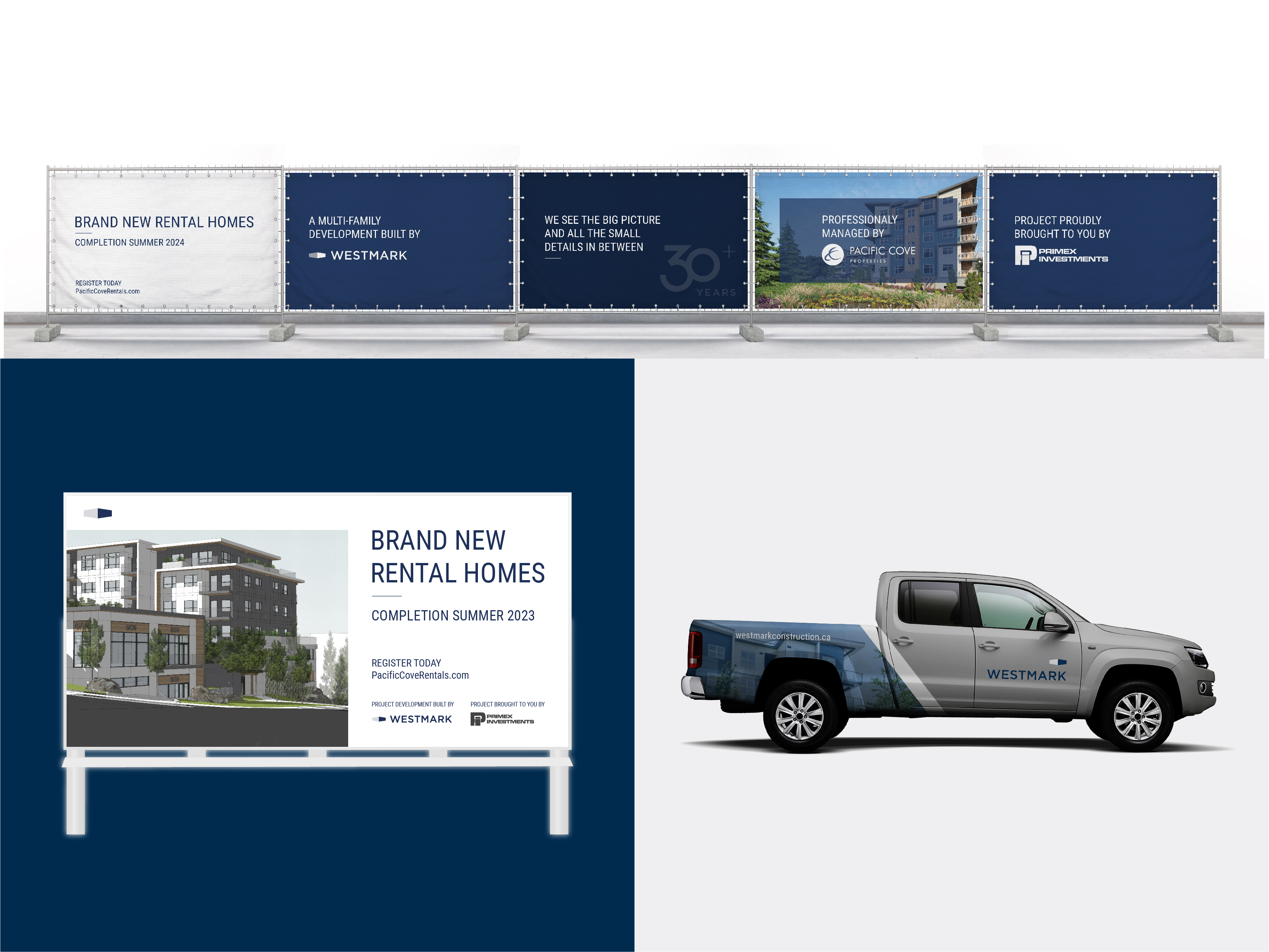 A set of construction banners in a clean, professional style showcasing Westmark's multi-family development projects. The bottom left shows a billboard for brand new rental homes, while the bottom right shows a pickup truck with a sleek Westmark vehicle wrap.