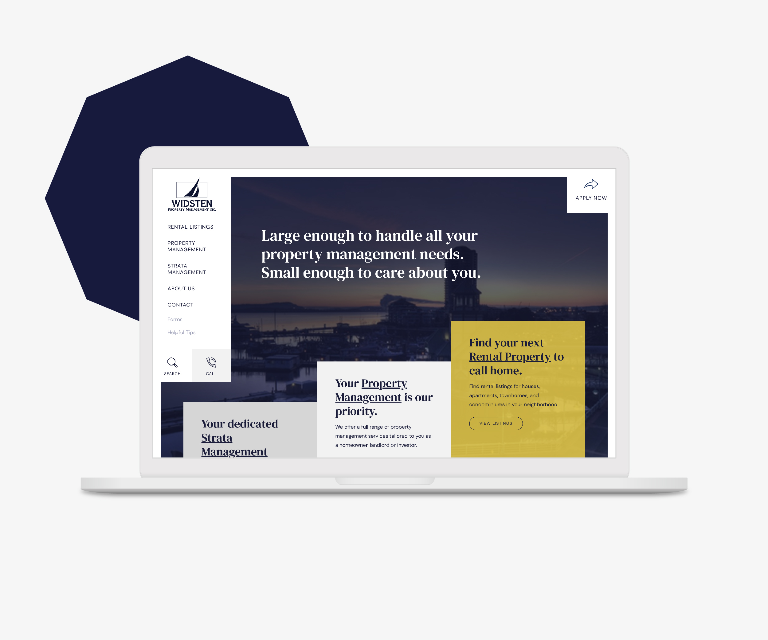 Property Management Website Design. Mockup of laptop screen displaying the Widsten Property Management Inc. website. The homepage shows property management options, a welcoming message, and navigation links on the left side.