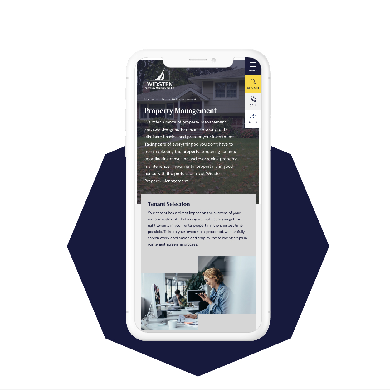 Property Management Website Design. Mobile view of the Widsten Property Management website, highlighting property management services and a tenant selection process. The screen is set inside a white smartphone frame.