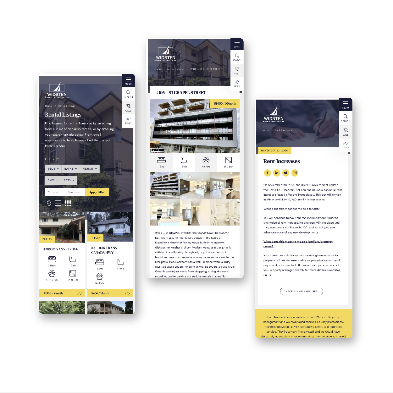 Three mobile screenshots showcasing the Widsten Property Management website. The screens display rental listings, property details, and information on rent increases.
