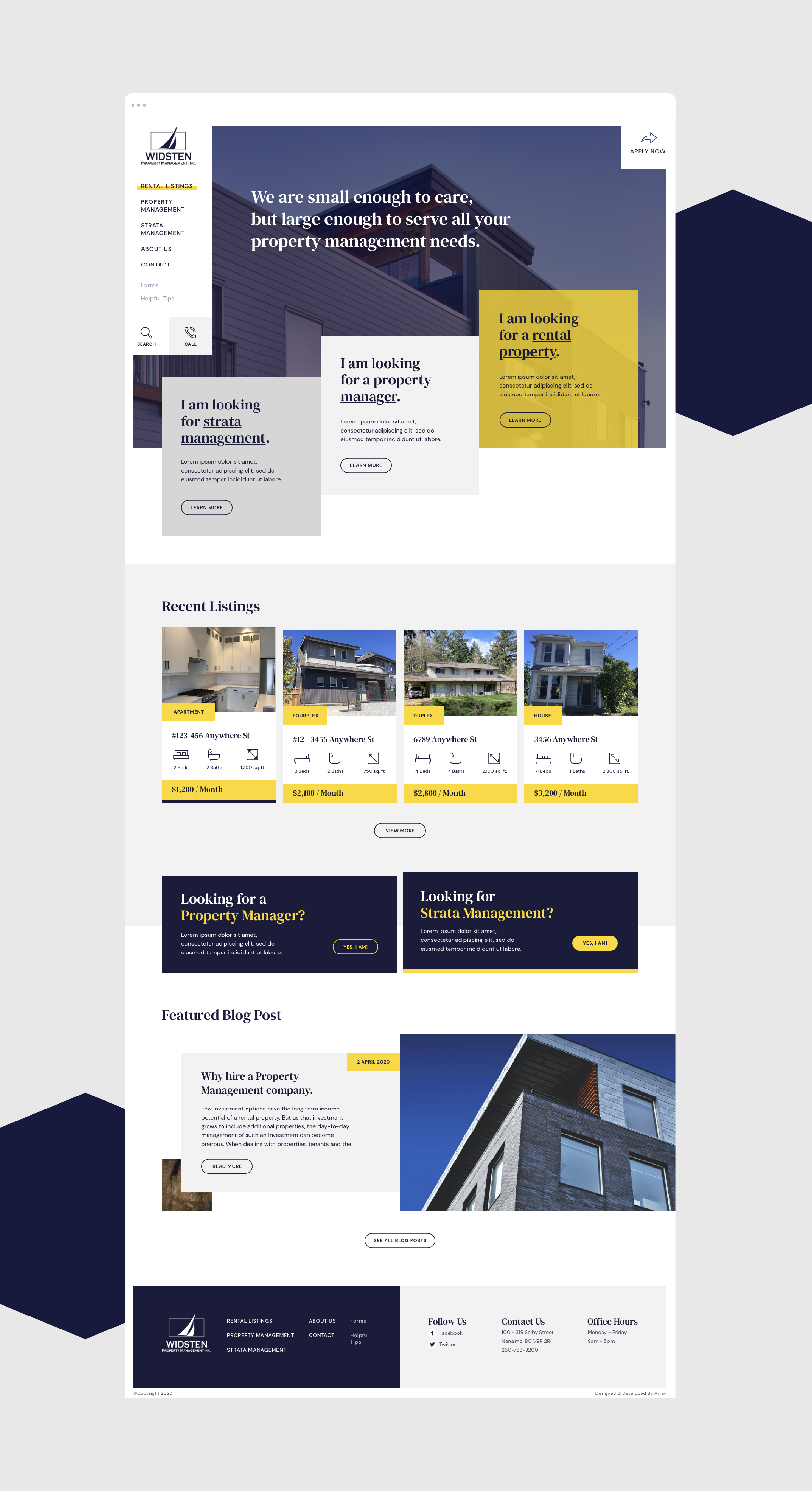 Full-length webpage view of Widsten Property Management Inc.'s website, featuring rental and property management options, recent listings, a featured blog post, and contact information at the bottom.