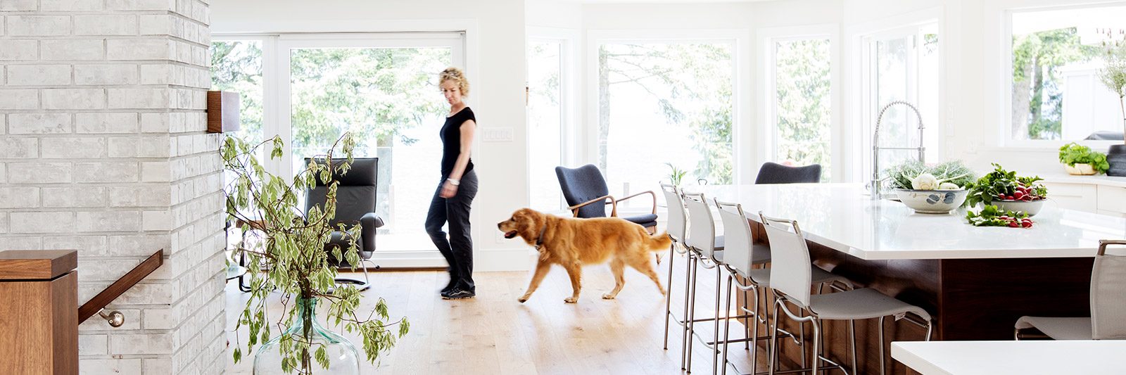 Woman with dog in a modern and bright kitchen with lots of big windows.