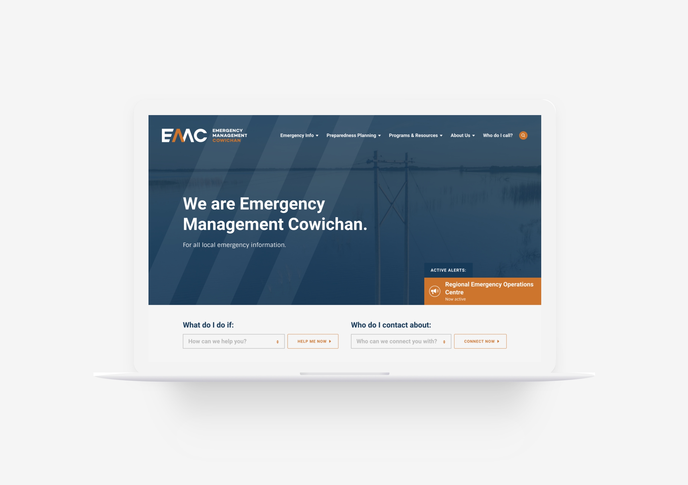 Laptop with the home page of Emergency Management Cowichan (EMC)'s website designed and developed by Array.