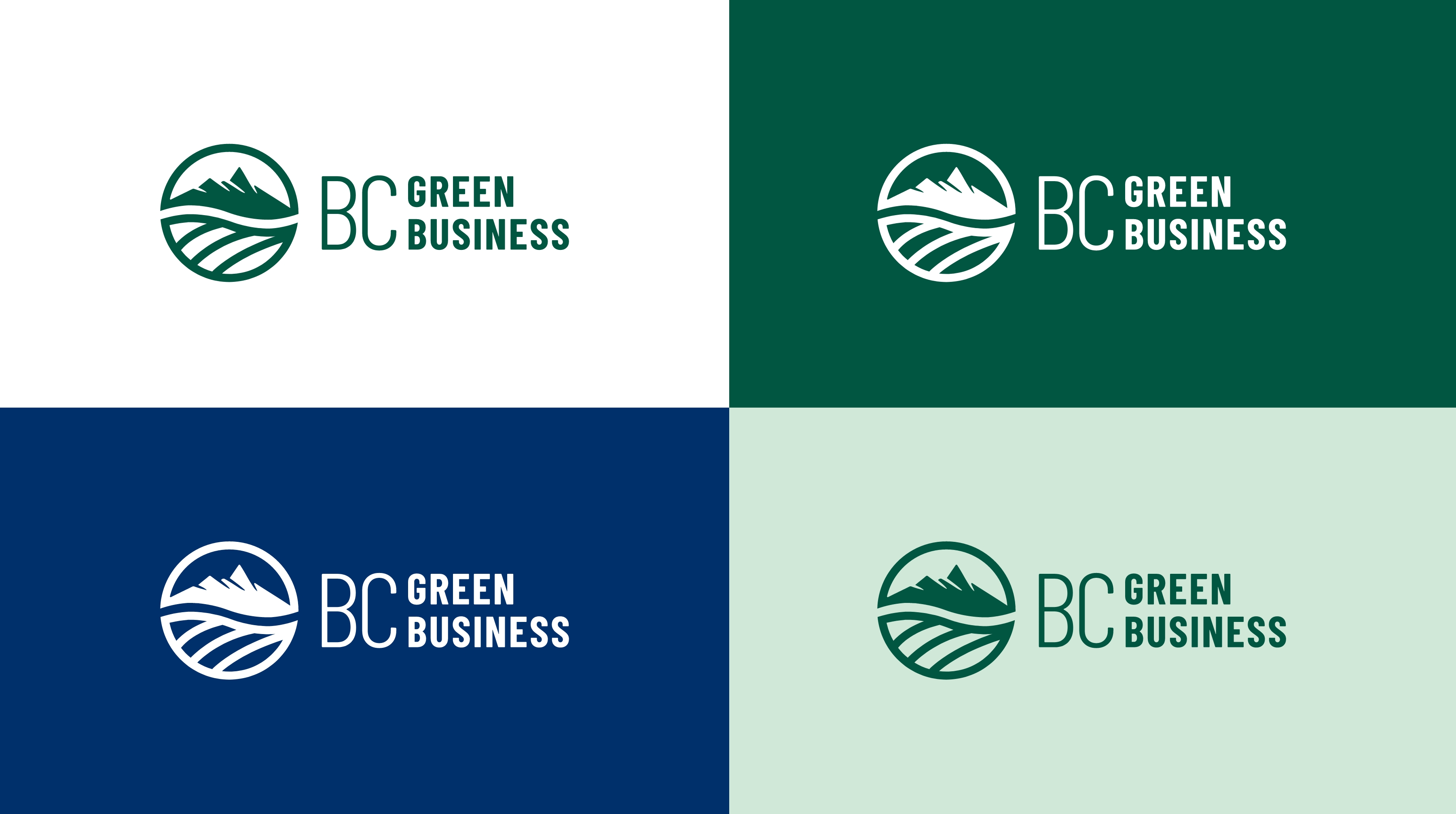 4 variations of the "BC Green Business" logo on different backgrounds—white, dark green, navy blue, and light green. The logo design includes a graphic of a mountain with leaf patterns.