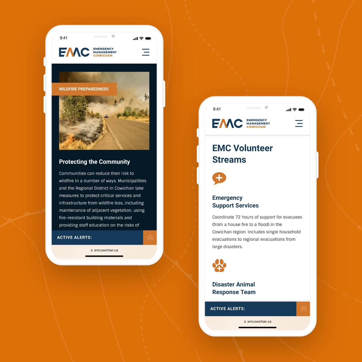 2 iPhone screens showcasing responsive web design for Emergency Management Cowichan.