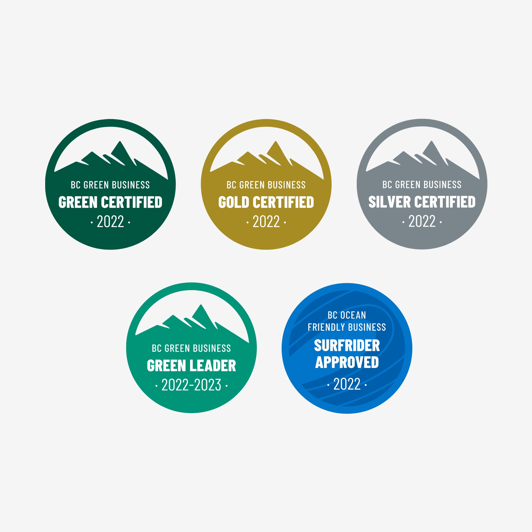 BC Green Business certification badges in Green, Gold, Silver, Green Leader, and Surfrider approved.