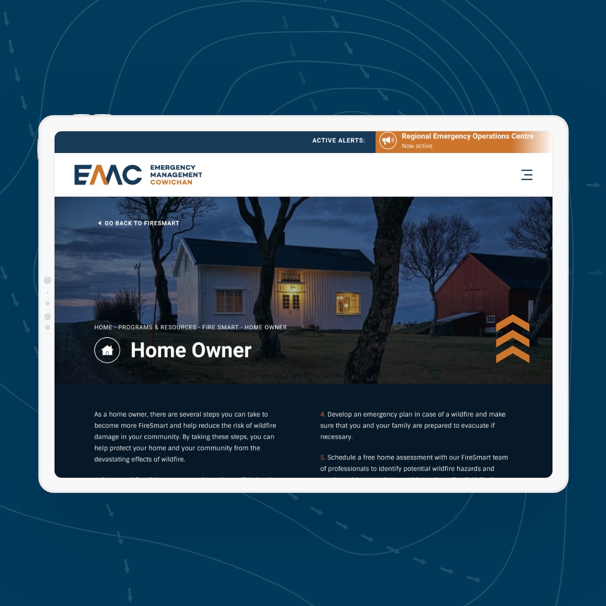 Example of user interface (UI) and user experience (UX) design for emergency services website. Tablet mockup with EMC web page.