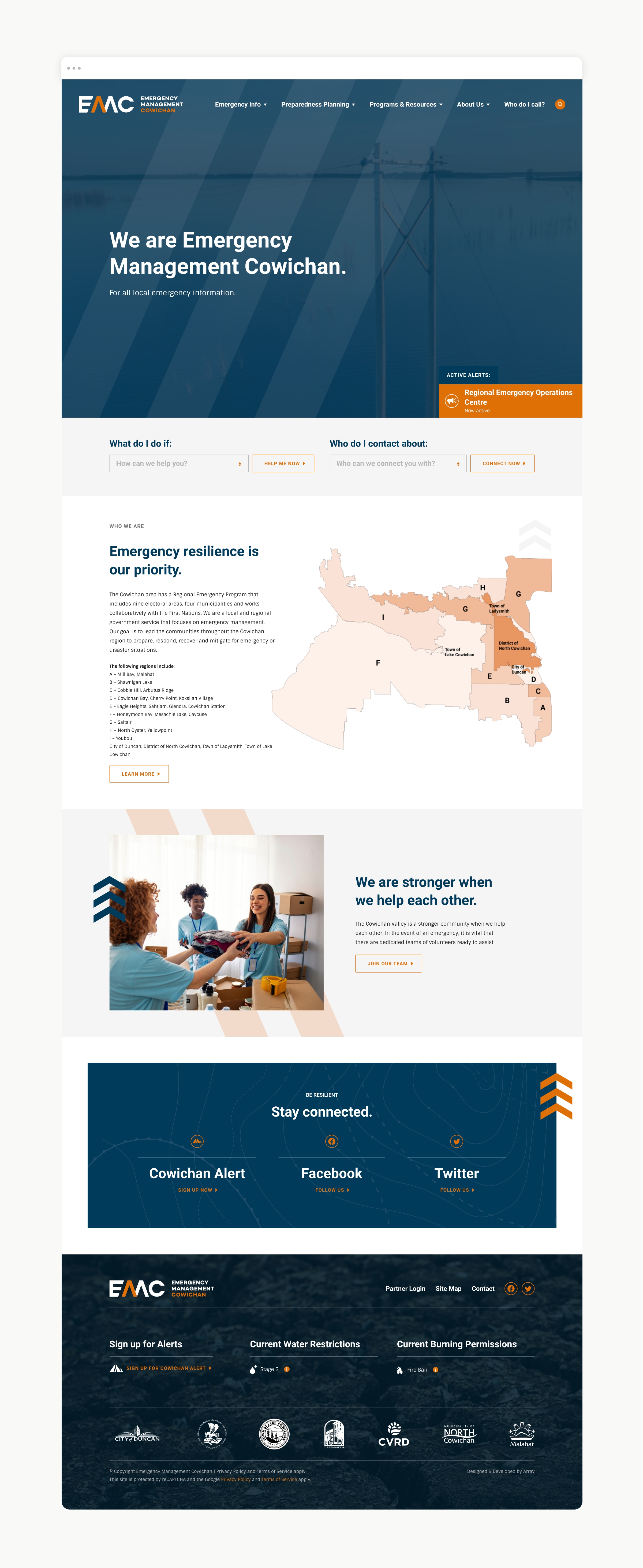 Web development mockup for EMC's home page featuring emergency resource library and interactive maps.