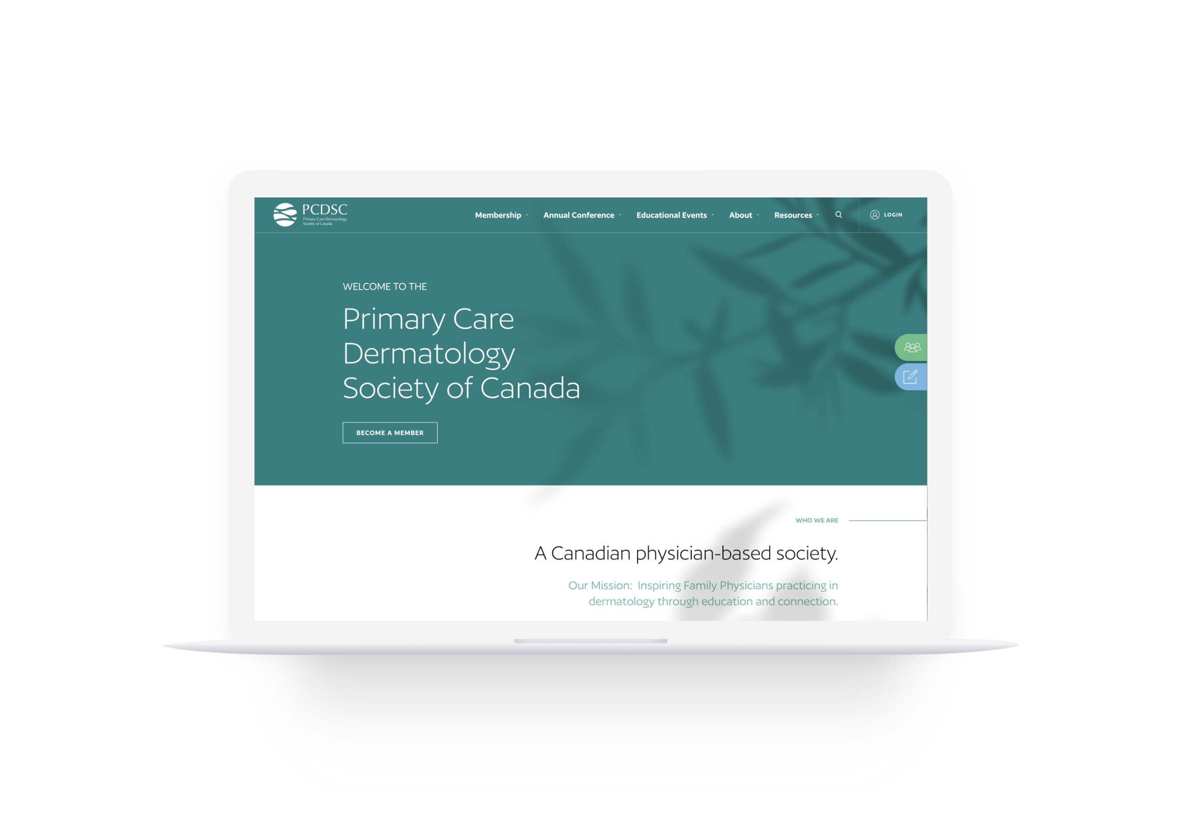 Laptop mockup of home page for Primary Care Dermatology Society of Canada designed by Array.