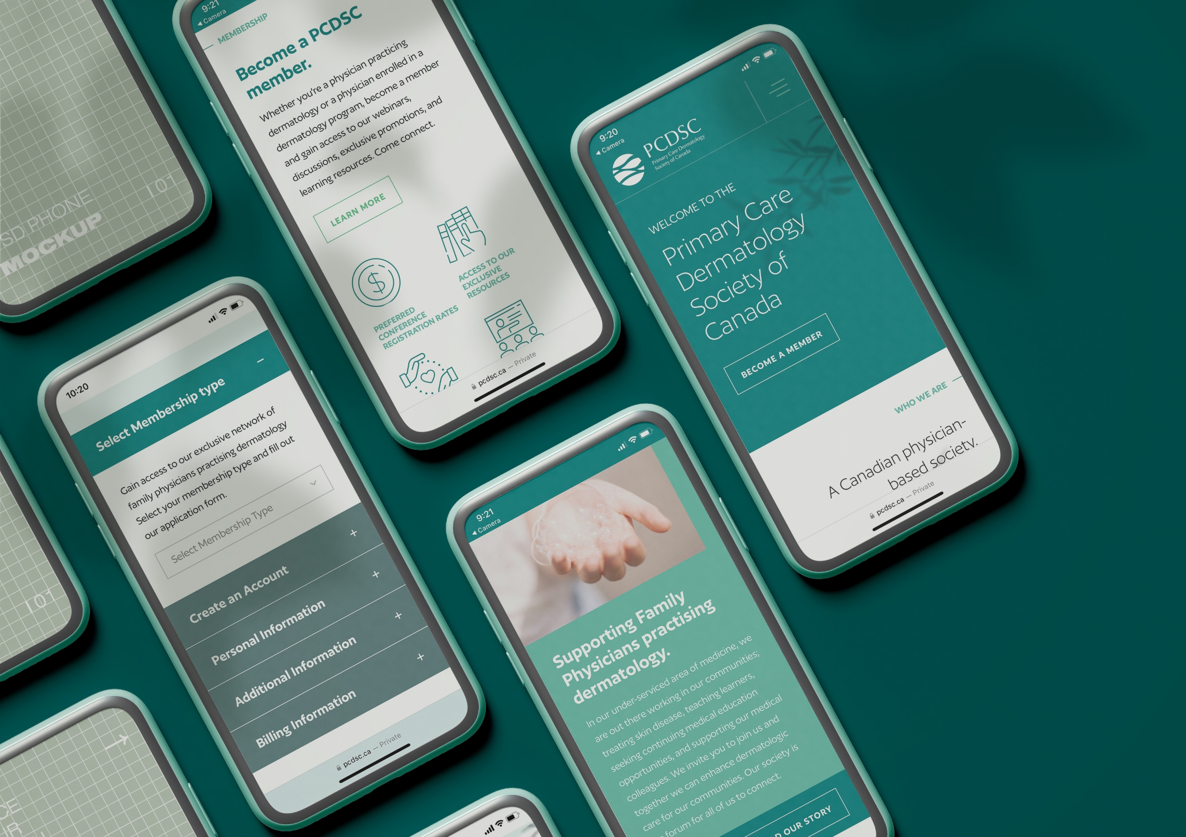 Multiple mobile phones showing various responsive web pages of Primary Care Dermatology Society of Canada.