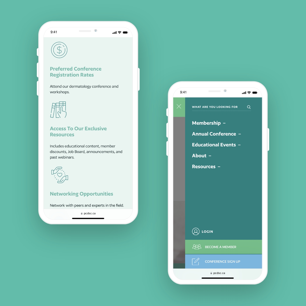 2 mobile phones showing website navigation of Primary Care Dermatology Society of Canada.