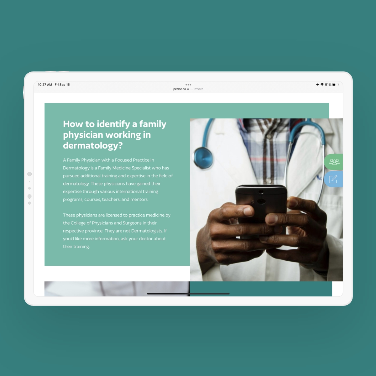 Tablet mockup showcasing responsive web design for Primary Care Dermatology Society of Canada.