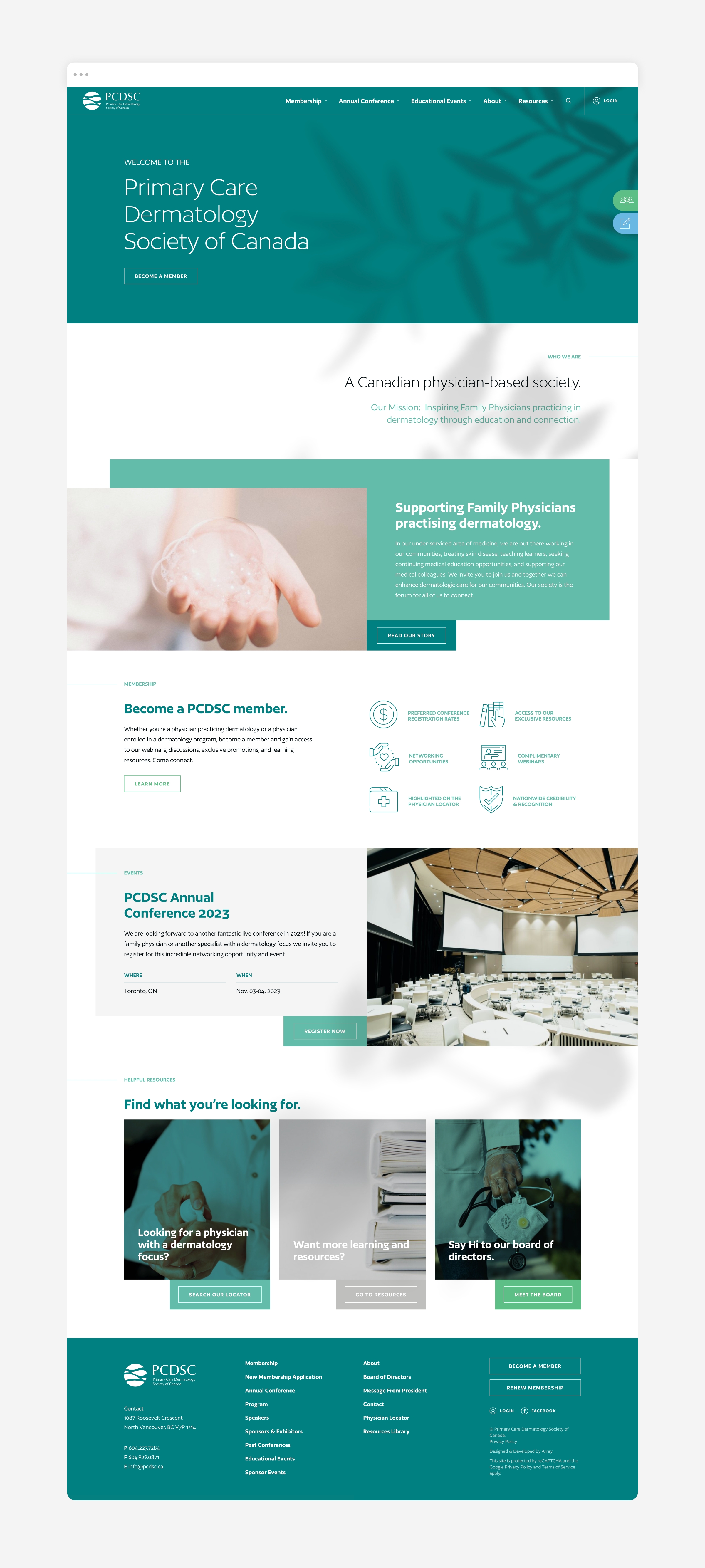 Home page of Primary Care Dermatology Society of Canada's website designed and developed by Array.