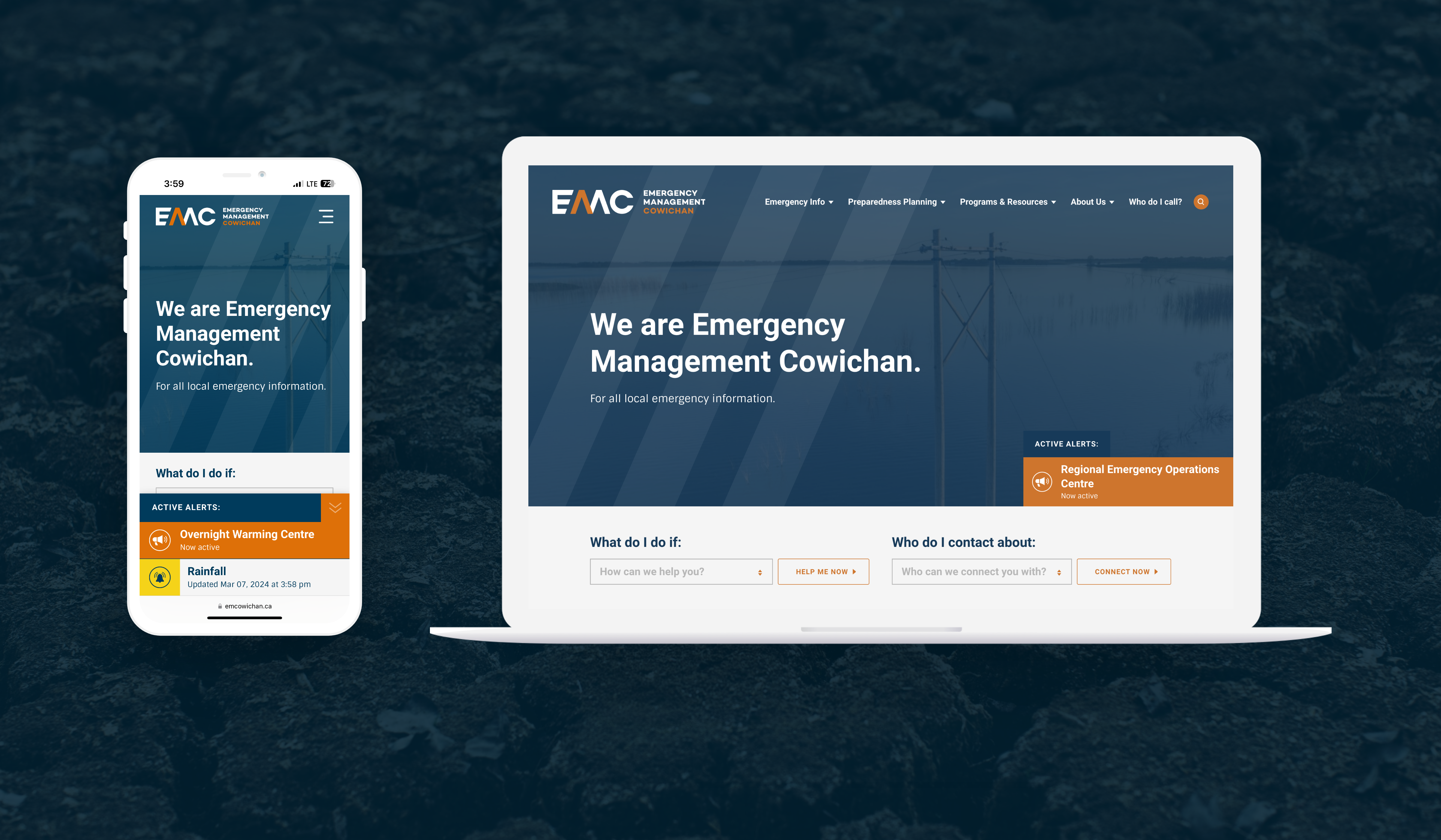  A mobile phone and laptop displaying the Emergency Management Cowichan (EMC) website. Both screens show the EMC branding and main message, "We are Emergency Management Cowichan," providing local emergency information. The mobile version highlights active alerts like "Overnight Warming Centre" and "Rainfall." The desktop version includes navigation options such as emergency information, preparedness planning, and resources, with a prominent "Regional Emergency Operations Centre" alert on the right. Both interfaces are clean and accessible, emphasizing clarity and emergency readiness.