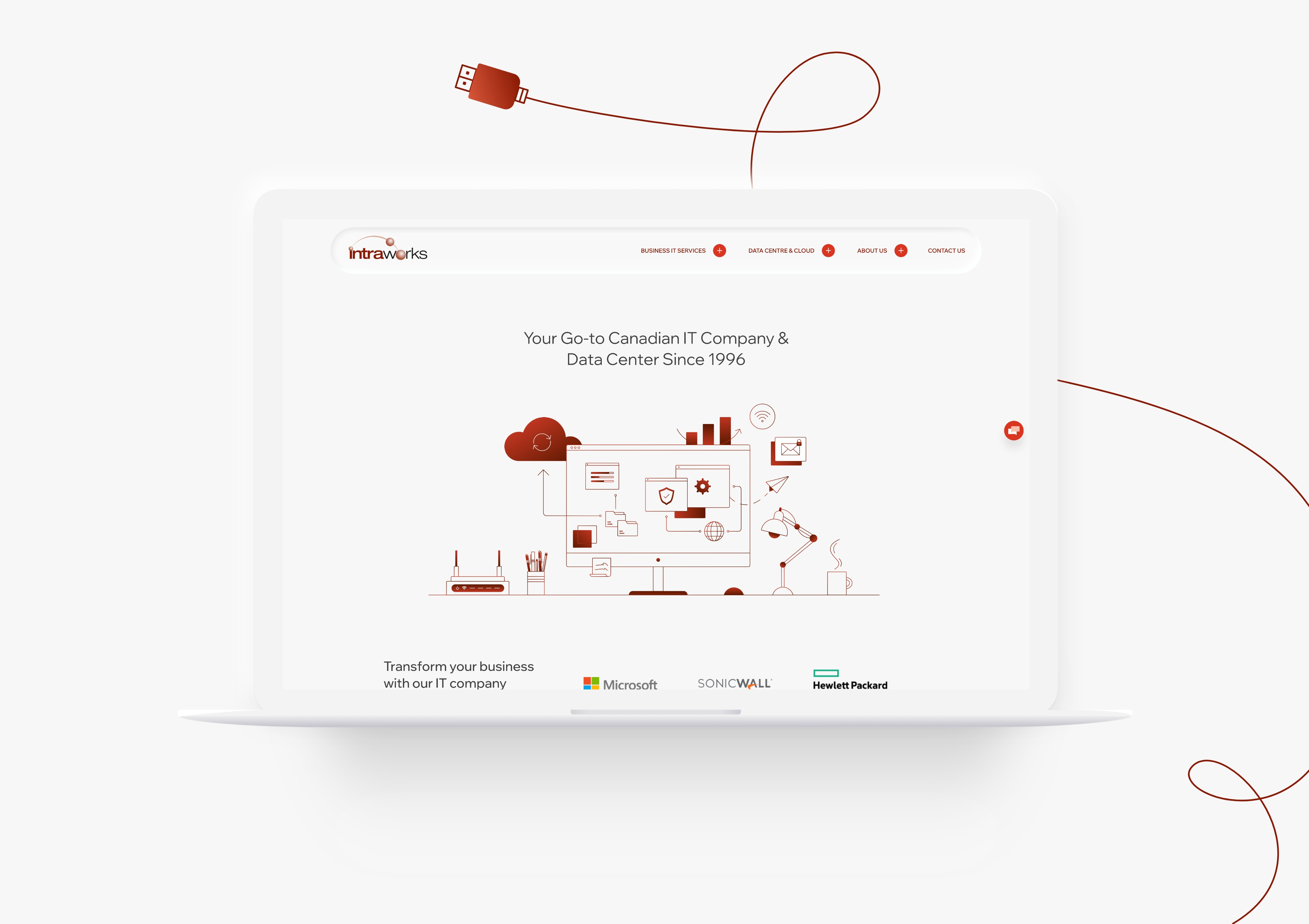 Laptop mockup of Intraworks website homepage featuring custom illustrations of computers and IT services.