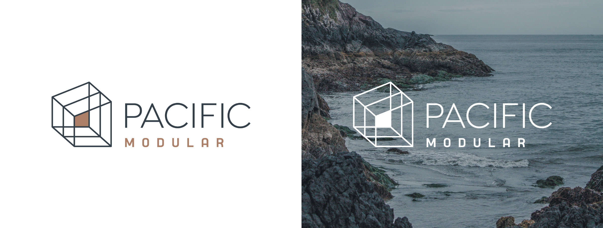 Two variations of the Pacific Modular logo side by side. The logo features a geometric cube outline with a highlighted brown square inside. On the left, the logo appears on a white background, while on the right, the logo is placed over a coastal scene with rocky cliffs and the ocean in the background. The text 'PACIFIC' is in bold capital letters, with 'MODULAR' in smaller, brown letters beneath it.