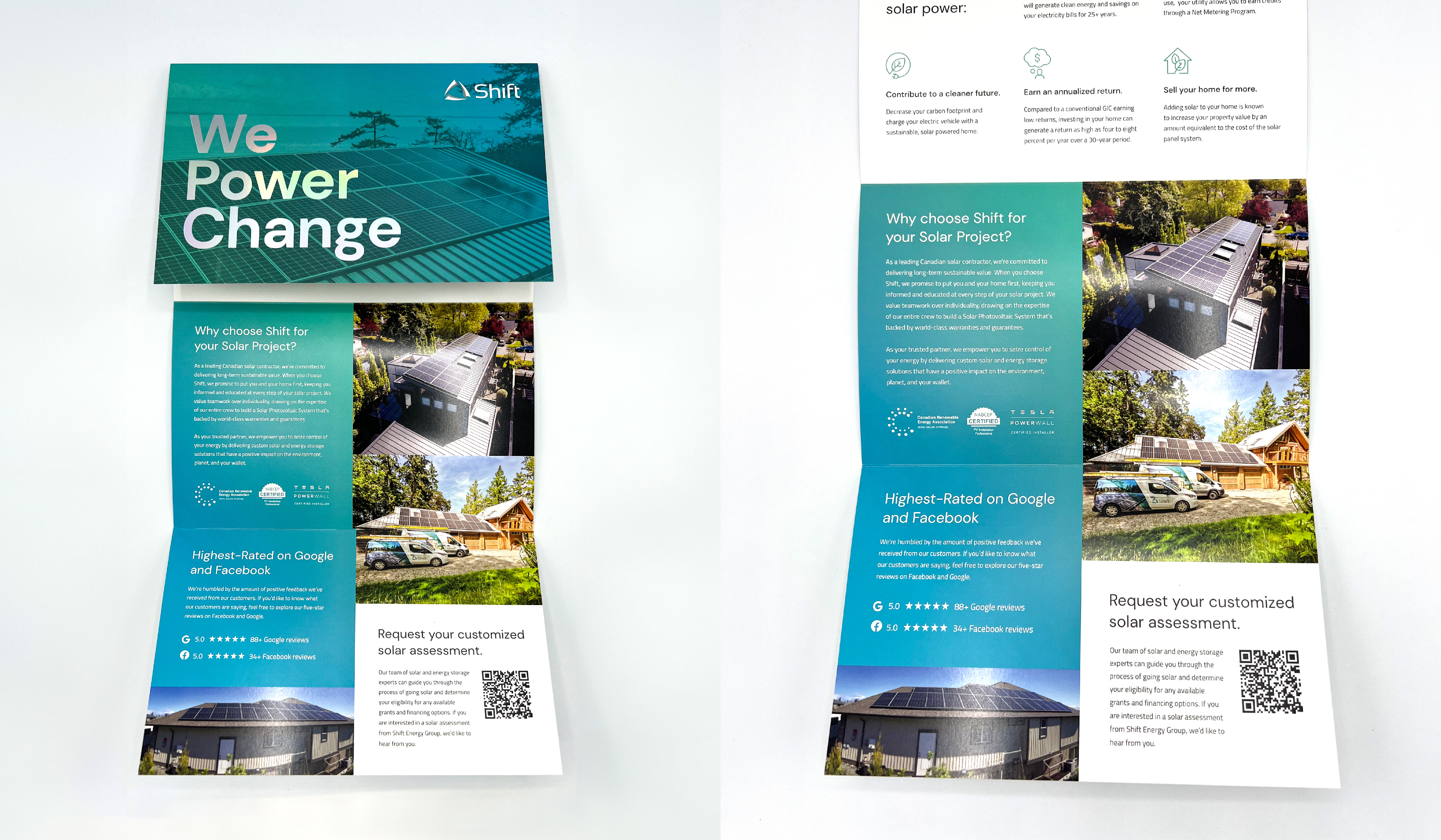 A bifold brochure for Shift Energy Group showcasing their solar power services. The cover features the headline "We Power Change" over a background of solar panels with the Shift logo in the top right. Inside, the left panel explains why Shift is the best choice for solar projects, highlighting their expertise, certifications, and customer satisfaction. There are images of homes with solar panel installations. The right panel includes benefits of solar power, such as contributing to a cleaner future, earning a return, and increasing home value, with a QR code for a customized solar assessment at the bottom. 