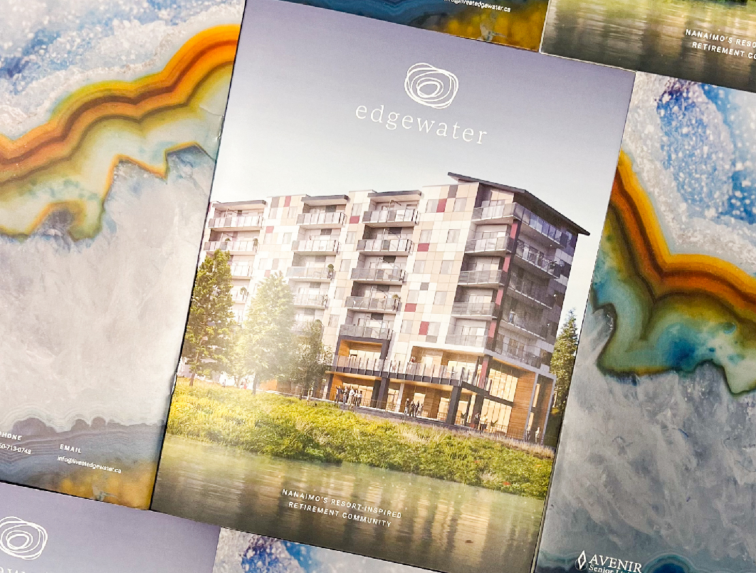 Front and back cover of brochures for Edgewater retirement community. Print collateral designed by Array.